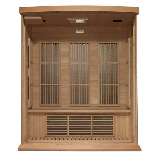 Maxxus 3-person near zero EMF infrared sauna with PureTech FAR carbon heaters and Canadian Hemlock wood for advanced home wellness therapy