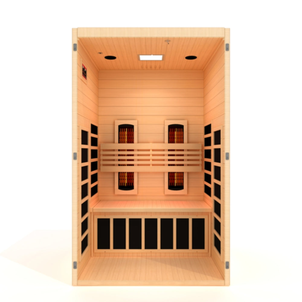 2-person Dynamic Serena infrared sauna featuring full spectrum heating, Canadian Hemlock construction, and modern indoor spa relaxation design.