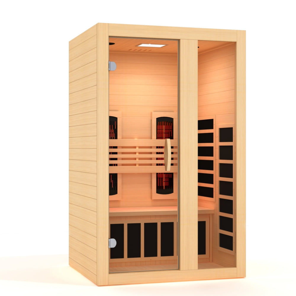 Dynamic Serena 2-Person Canadian Hemlock Full Spectrum Infrared Sauna unit installed in a luxury home gym.