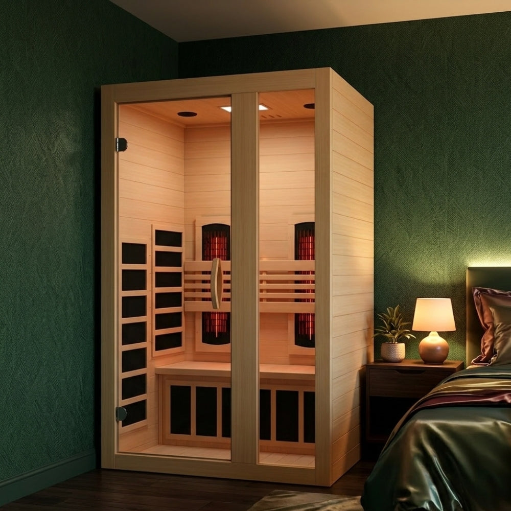 Modern 2-person infrared sauna Dynamic Serena featuring full spectrum heaters, natural Canadian Hemlock wood, and soothing wellness heat therapy.