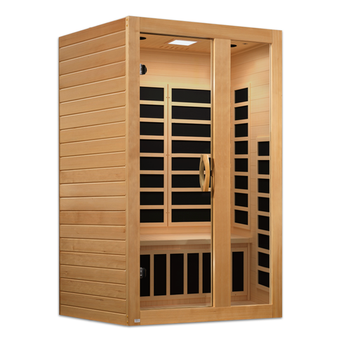 Dynamic Serena 2-Person Infrared Sauna with ultra low EMF FAR infrared heating, crafted from Canadian Hemlock wood, compact indoor home sauna for relaxation and wellness therapy