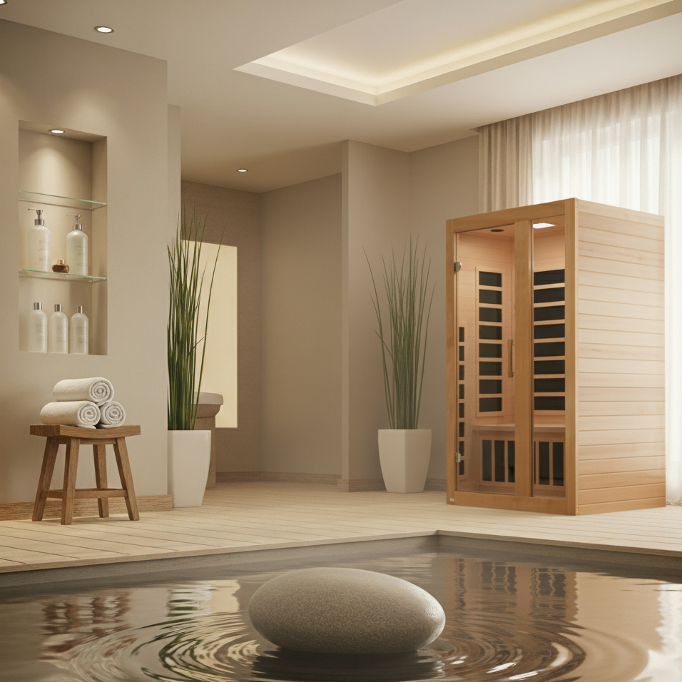 Dynamic Serena compact infrared sauna room for 2 people featuring FAR infrared technology and natural wood wellness construction