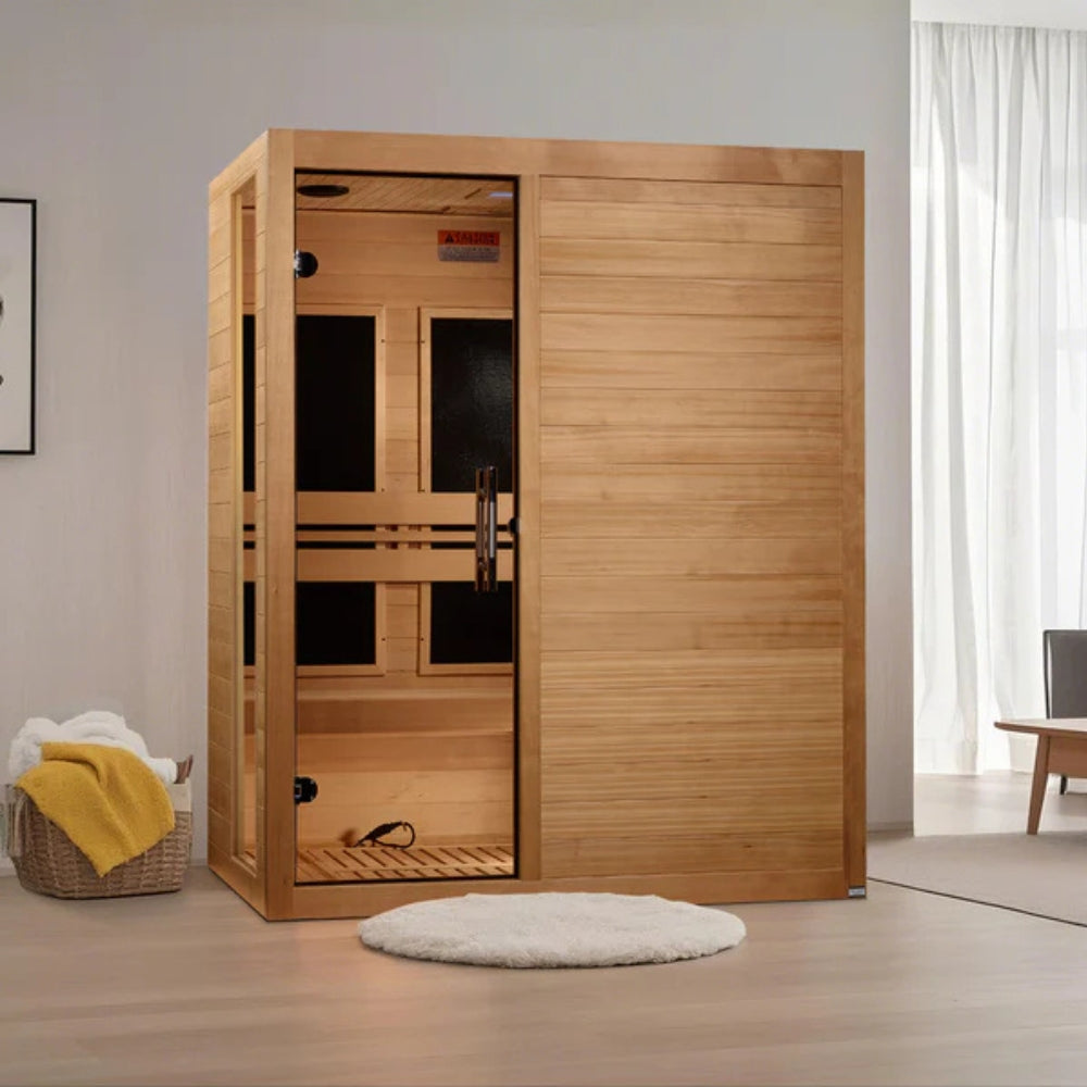 3-person Dynamic Toscana FAR infrared sauna with ultra low EMF technology, Canadian Hemlock wood interior, designed for relaxation, wellness, and muscle recovery.