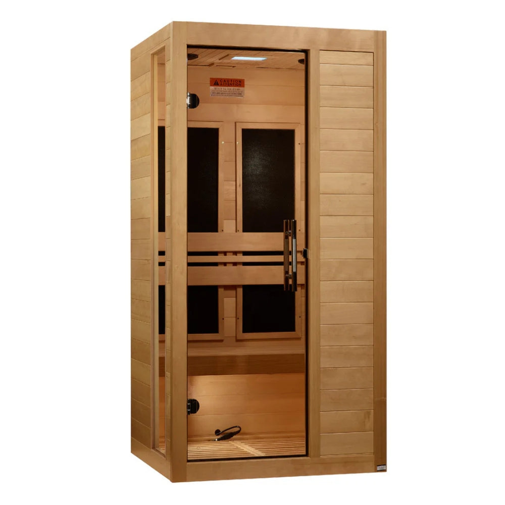 Dynamic Veneto 1-2 Person Ultra Low EMF FAR Infrared Canadian Hemlock Sauna compact cabin full setup.