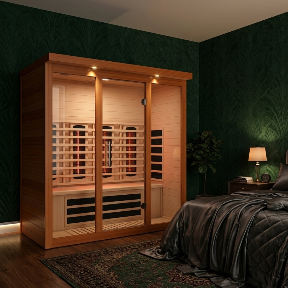 Relaxing wellness experience inside Dynamic Vila Grande 4-Person Infrared Sauna with chromotherapy lighting and soothing infrared heat therapy.