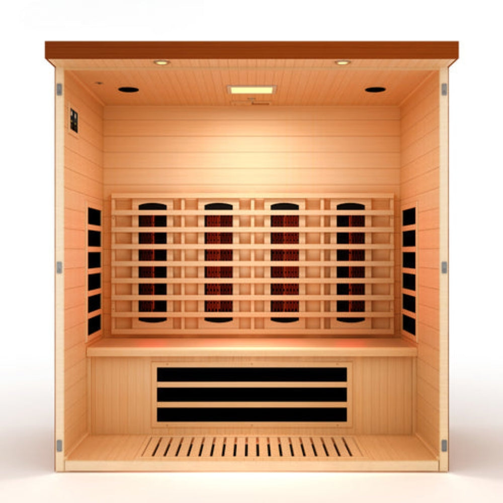 Dynamic Vila Grande 4-Person Full Spectrum Near Zero EMF Far Infrared Sauna DYN-6415-03 FS made with premium Canadian Hemlock wood and advanced full-body heating system for home wellness and relaxation.