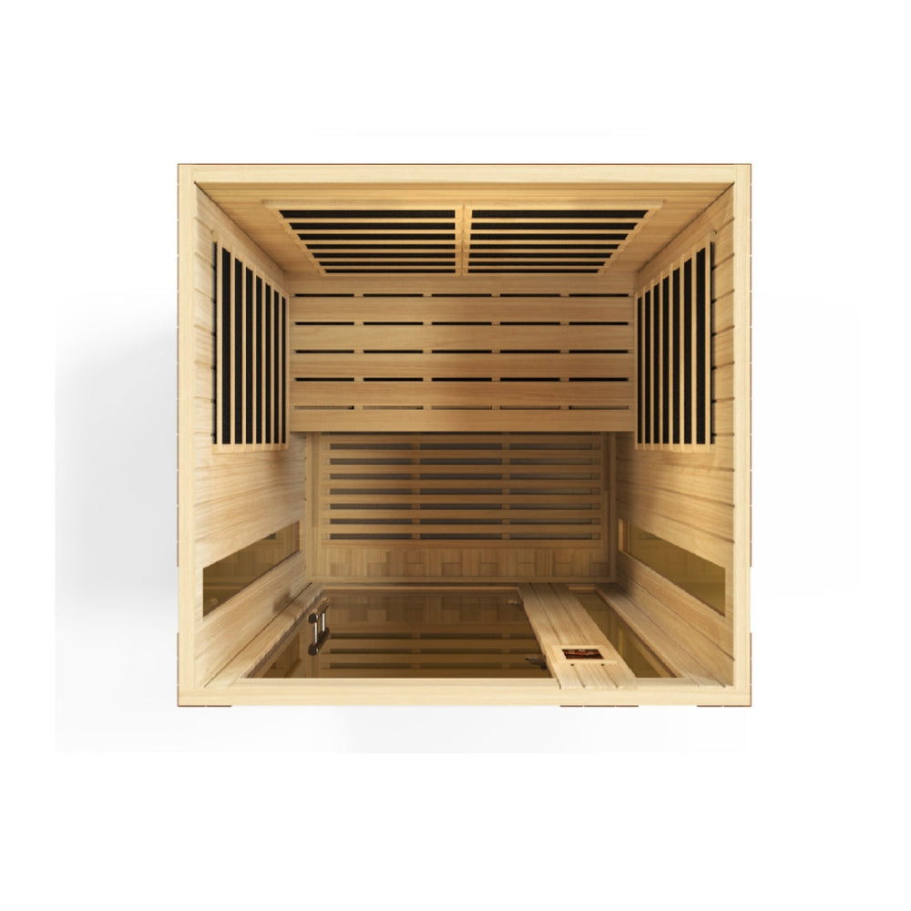 Dynamic Vittoria indoor sauna cabin for home use, 2-person capacity, with Canadian Hemlock wood and FAR infrared wellness technology