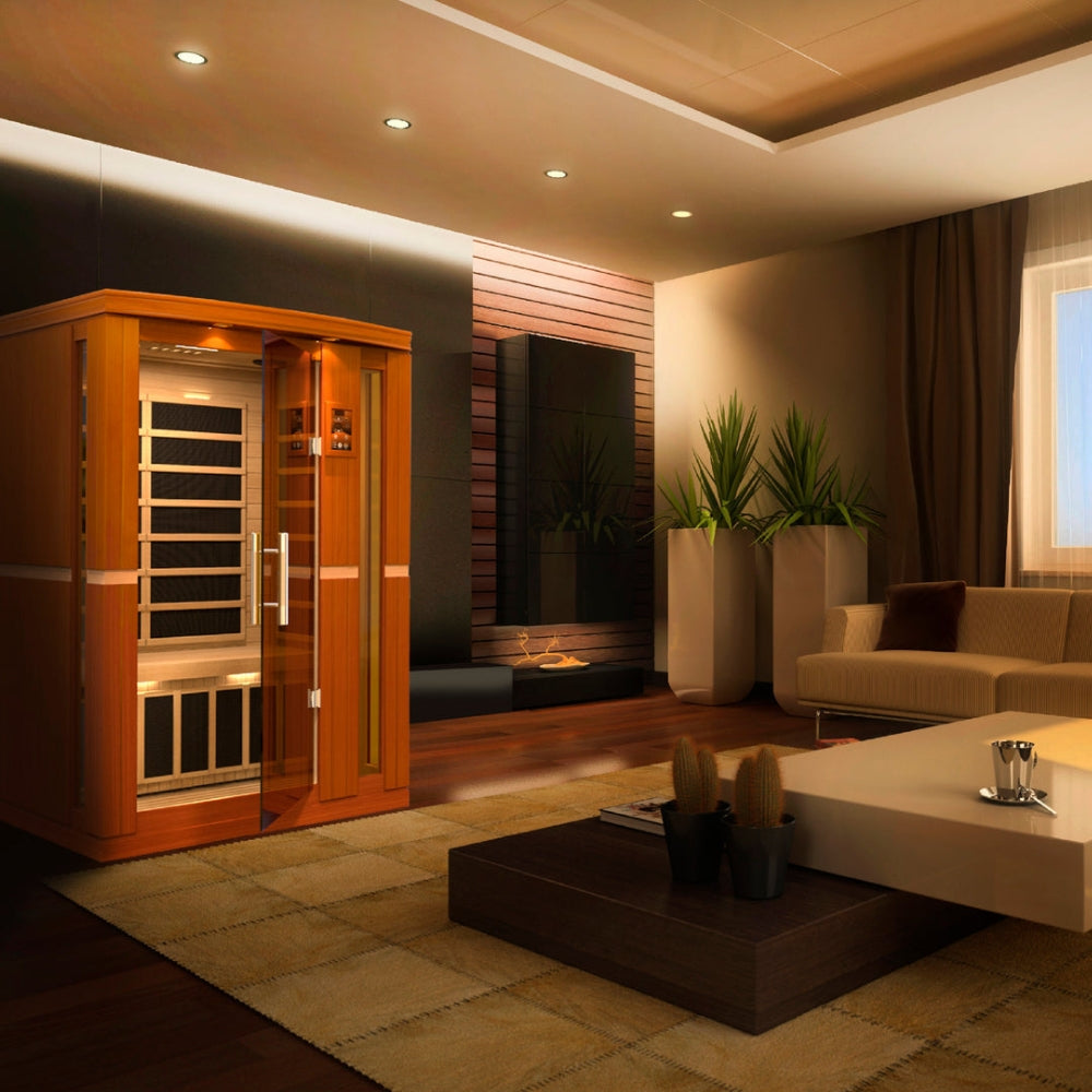 Dynamic Vittoria compact infrared sauna for home spa relaxation, built with hemlock wood and advanced ultra low EMF heaters