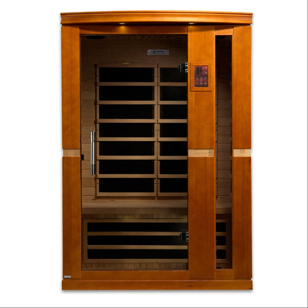 dyn-6220-01 elite Dynamic Vittoria 2-Person Infrared Sauna with ultra low EMF FAR infrared heating, Canadian Hemlock wood construction, compact indoor wellness sauna for home relaxation