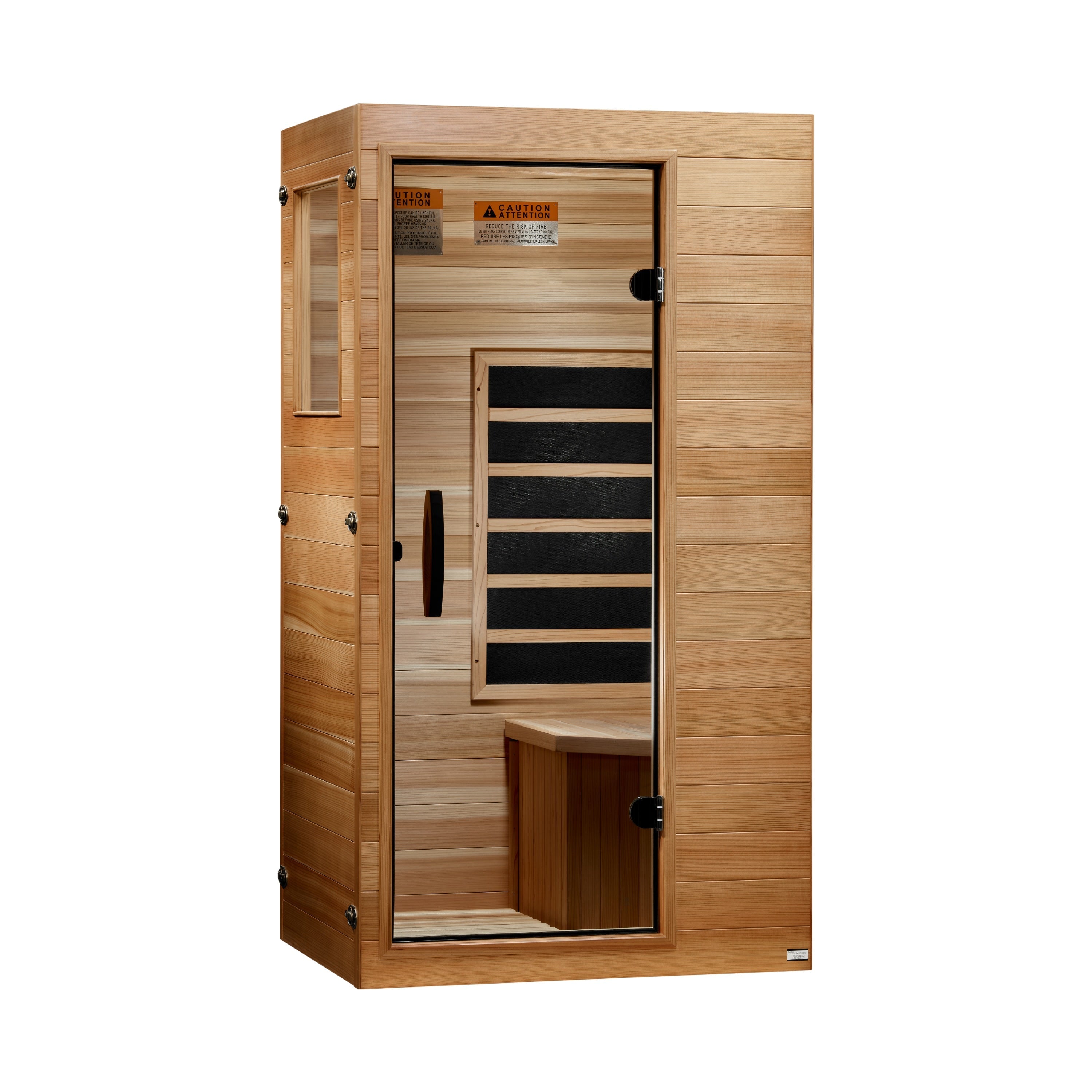 Dynamic New 2026 Model Sicily 1 Person Compact Ultra Low EMF FAR Infrared Sauna DYN-1101-01 Elite with premium cedar wood construction, space-saving design, Bluetooth audio system, chromotherapy lighting, and full-body infrared heat therapy for home wellness use.