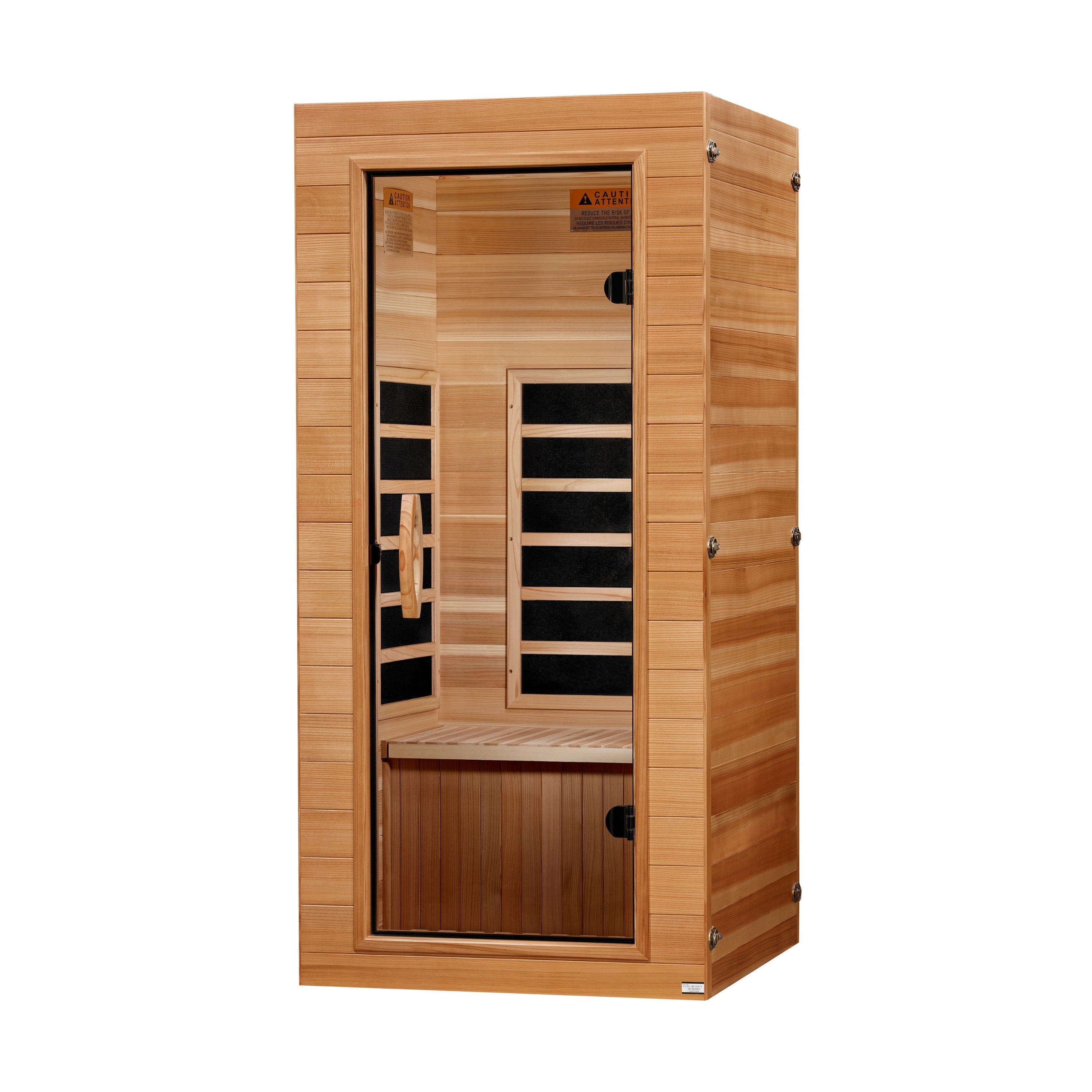 Dynamic Vero 1-Person Compact Ultra Low EMF FAR Infrared Sauna DYN-1201-01 Elite model inside a home gym room setup.