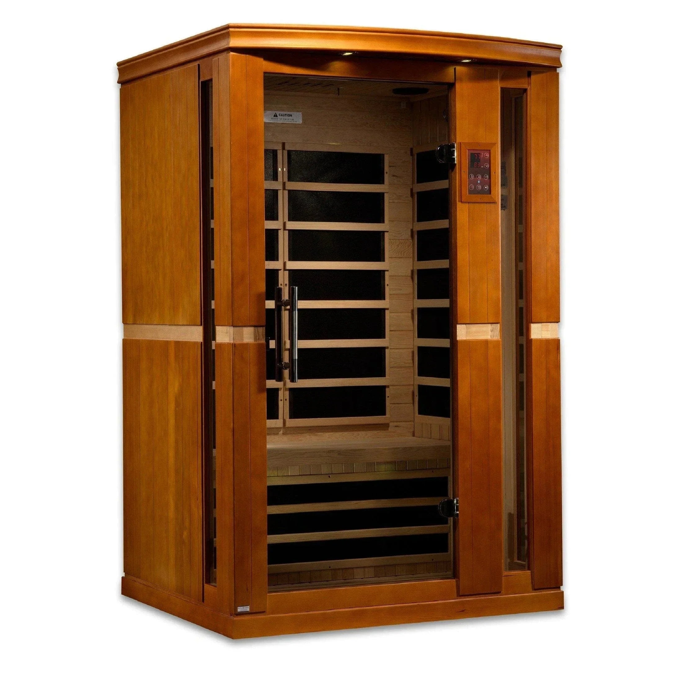 2-person Dynamic Vittoria low EMF FAR infrared sauna made with Canadian hemlock wood and built-in Bluetooth and chromotherapy lighting
