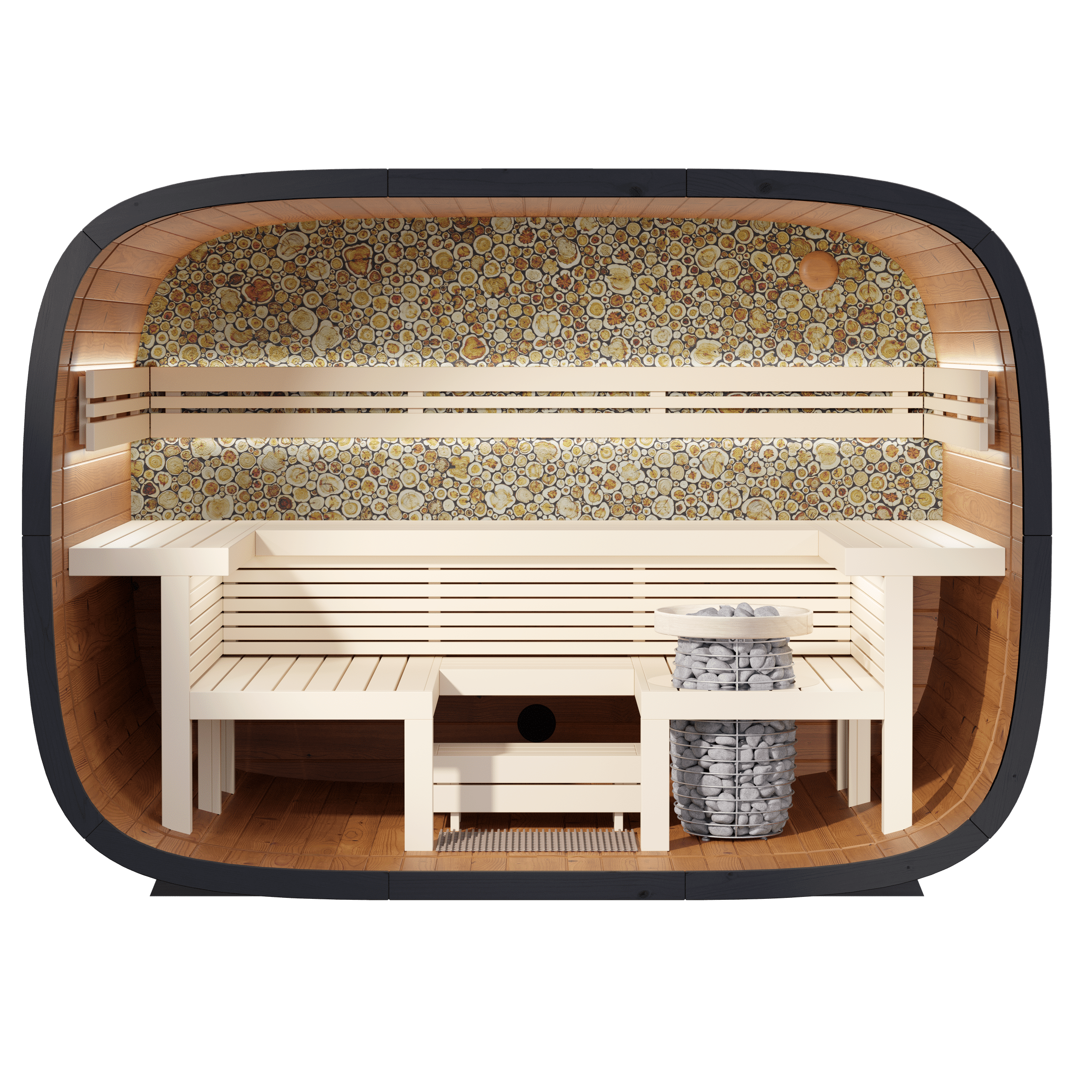 6 person outdoor round cube sauna by Leil Relax made from ThermoWood, spacious garden sauna with U-shaped seating for reclining and relaxation