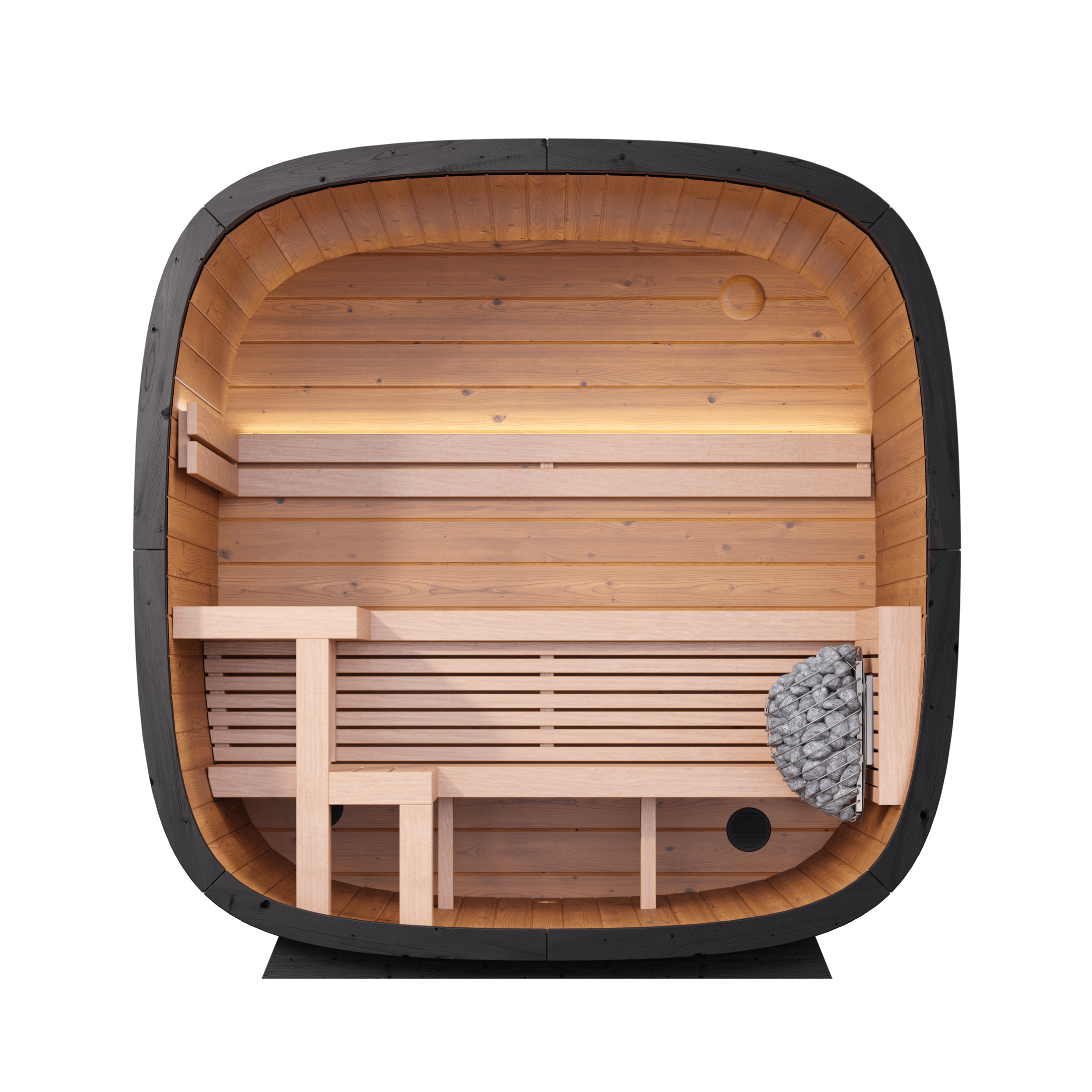 Leil Black Cube Classic backyard sauna retreat with elegant black finish, tempered glass facade, and comfortable seating for family wellness