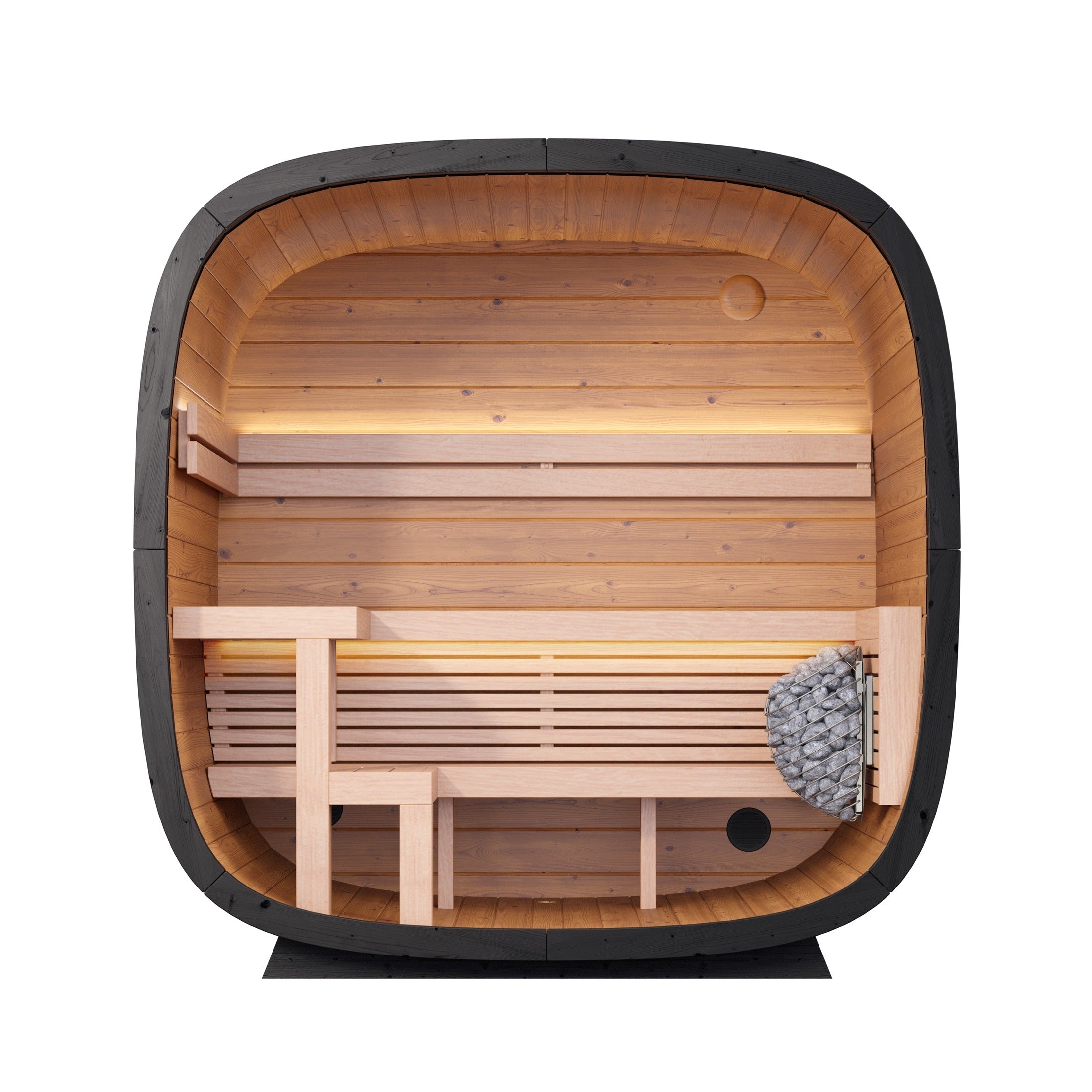 Outdoor wood sauna cabin by Leil with modern cube architecture, weather-resistant Thermowood exterior, and natural alder wood interior