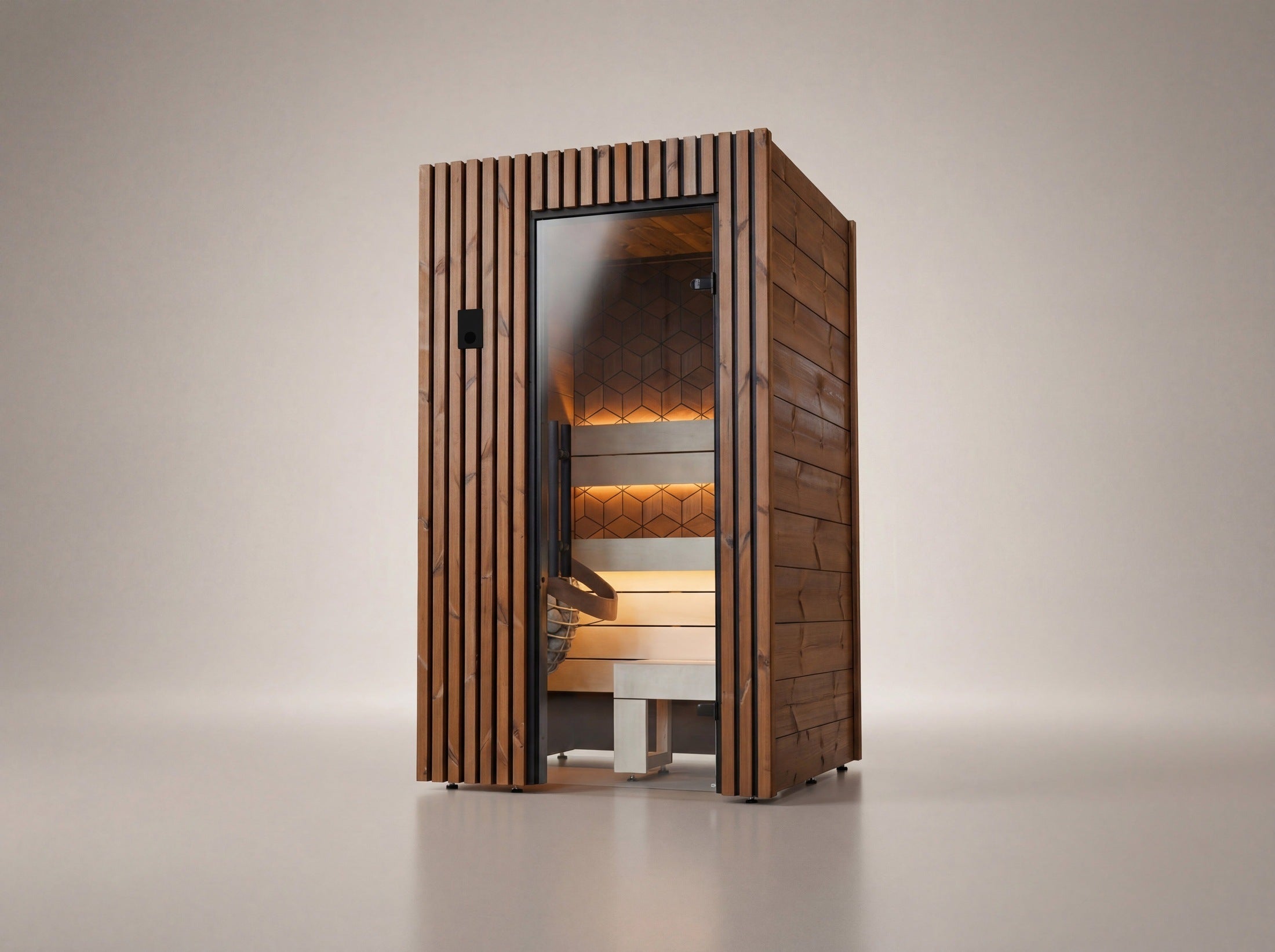 Leil Como 1-120 1 Person Indoor Sauna Kit crafted from Thermowood and Aspen wood, compact home sauna cabin with Nordic design for luxury wellness and relaxation