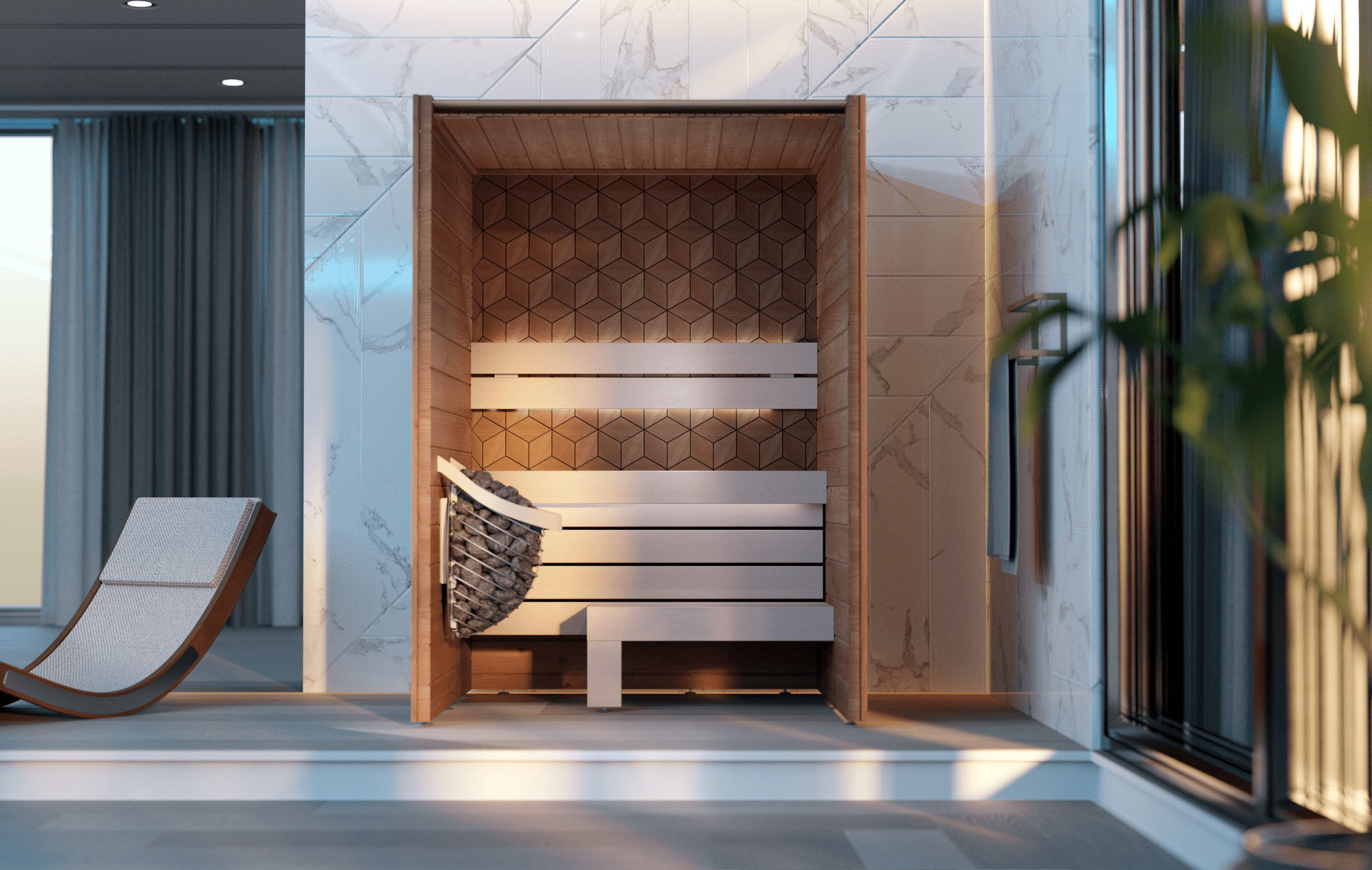 Premium Leil Como 2-150 indoor sauna kit for two, compact wooden home sauna with Scandinavian craftsmanship