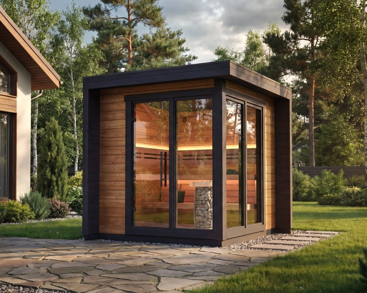 Leil Patio S Outdoor Sauna for 4–5 people, modern ThermoWood home sauna with compact corner design