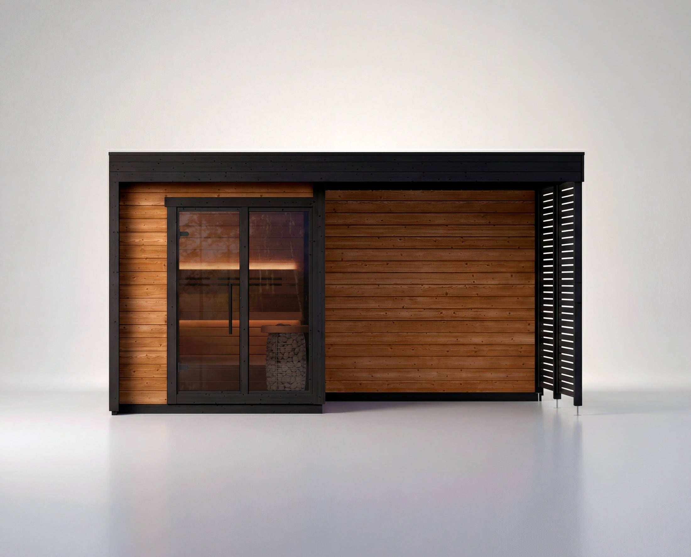 Leil Patio S Plus 4 Person Outdoor Sauna Kit, ThermoWood outdoor sauna with integrated relaxation deck for home wellness
