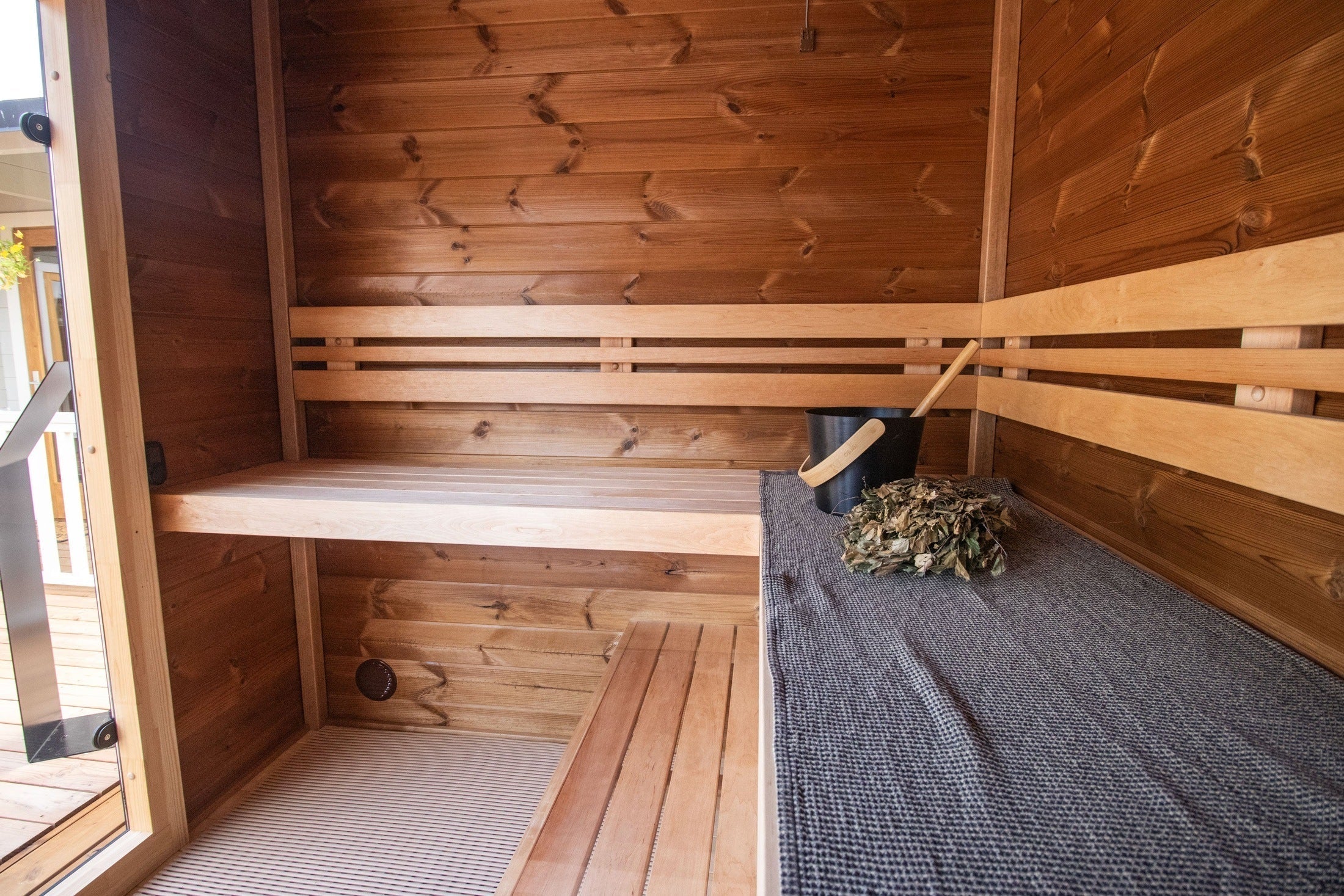 Leil S Plus Outdoor Sauna 4 Person ThermoWood home sauna with outdoor spa deck