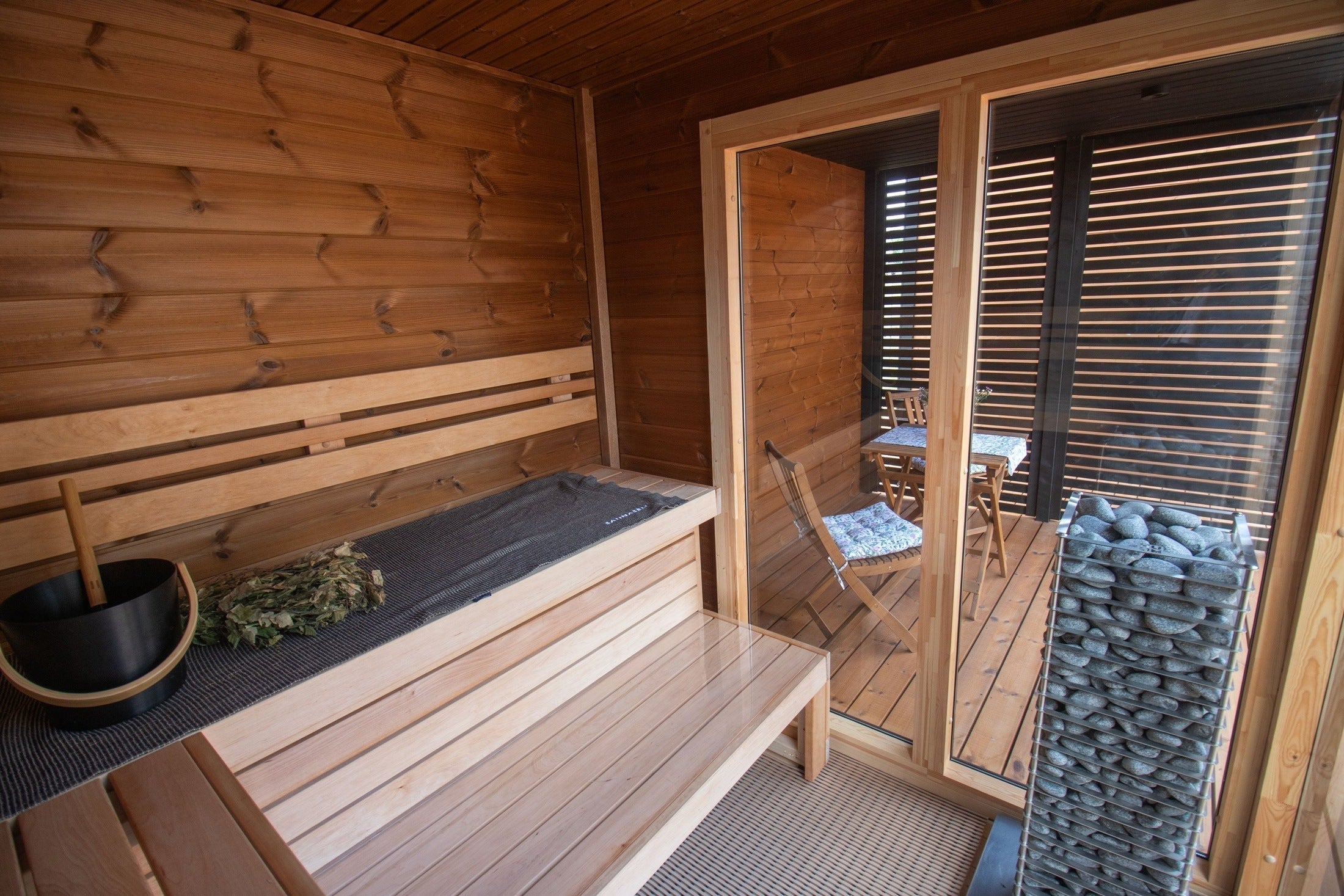 Leil S Plus 4 Person Outdoor Sauna Kit, ThermoWood backyard wellness sauna cabin
