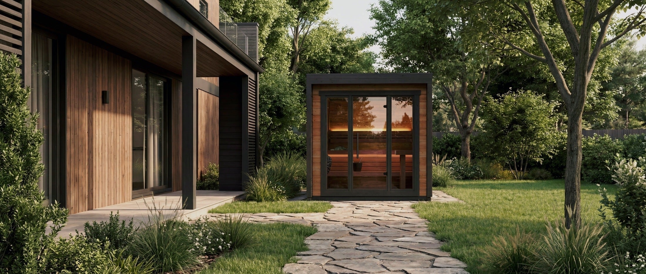 Leil Patio XS compact 4 person outdoor sauna in premium natural wood, backyard sauna for spa therapy and relaxation
