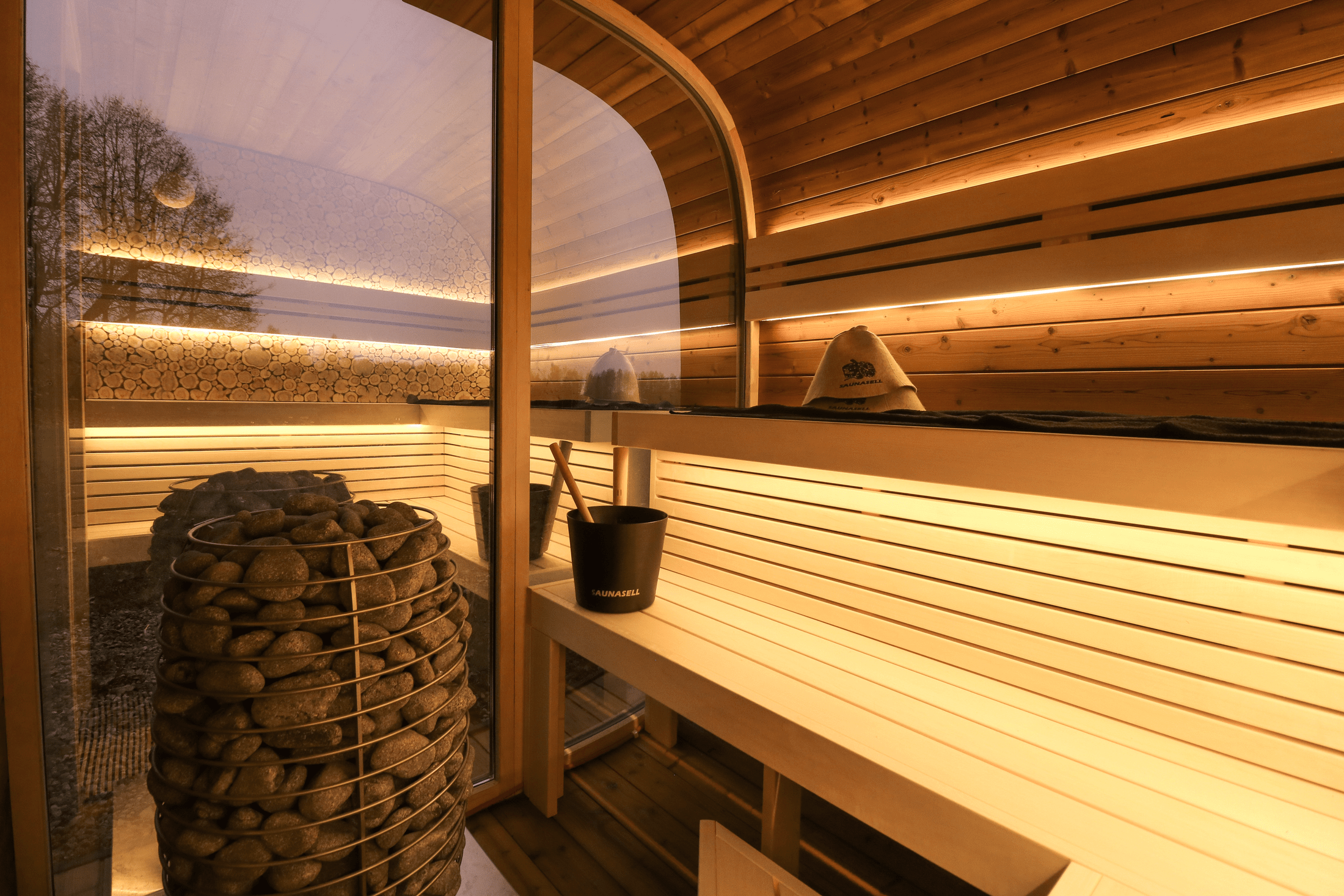Red Dot Award 2024 Leil Round Cube Double outdoor sauna with changing room, 5–6 person ThermoWood design sauna cabin from Estonia