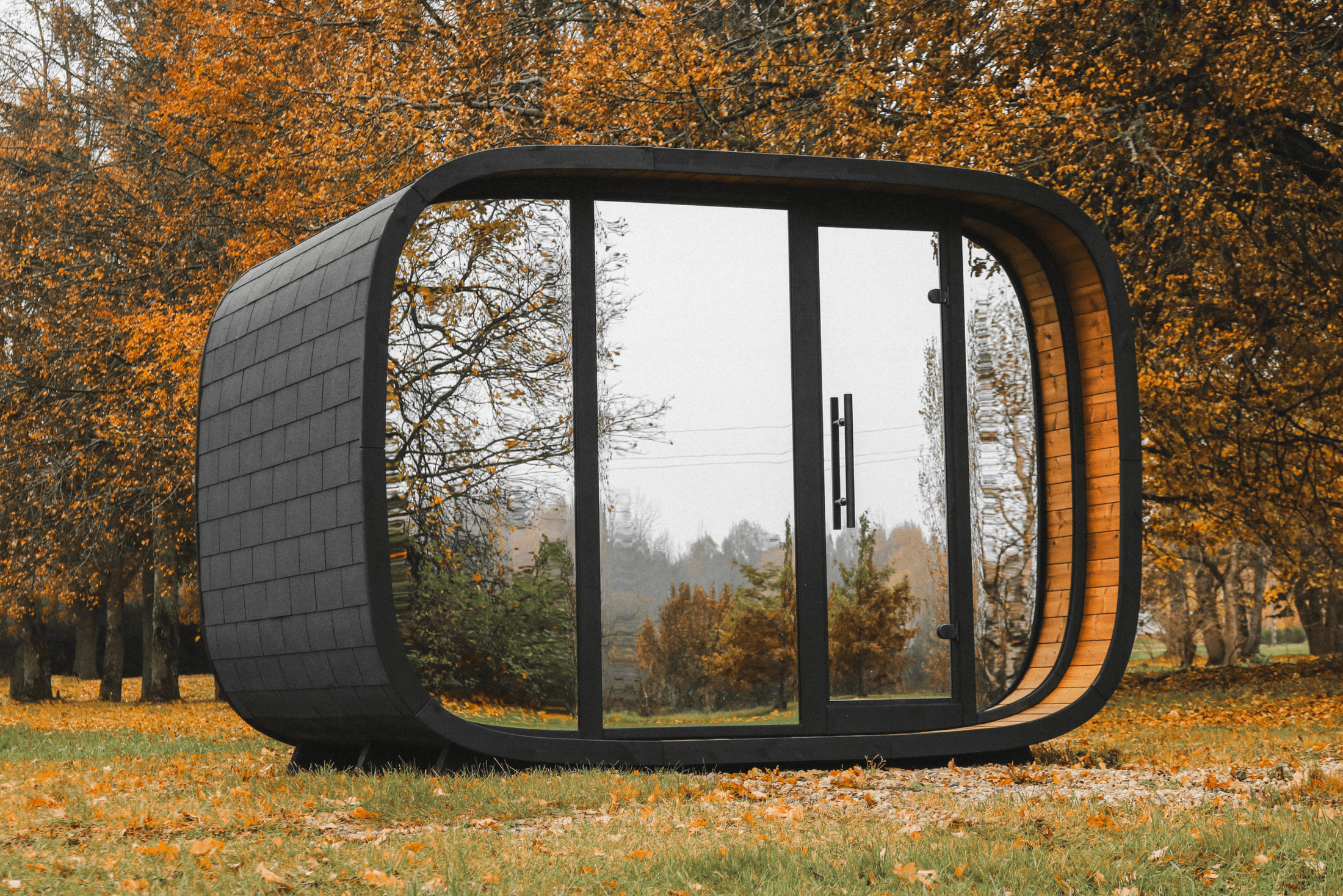 Leil Round Cube Double ThermoWood Outdoor Sauna with Changing Room for 5–6 People, handcrafted Estonian sauna cabin, Red Dot Award 2024 modern outdoor wellness retreat