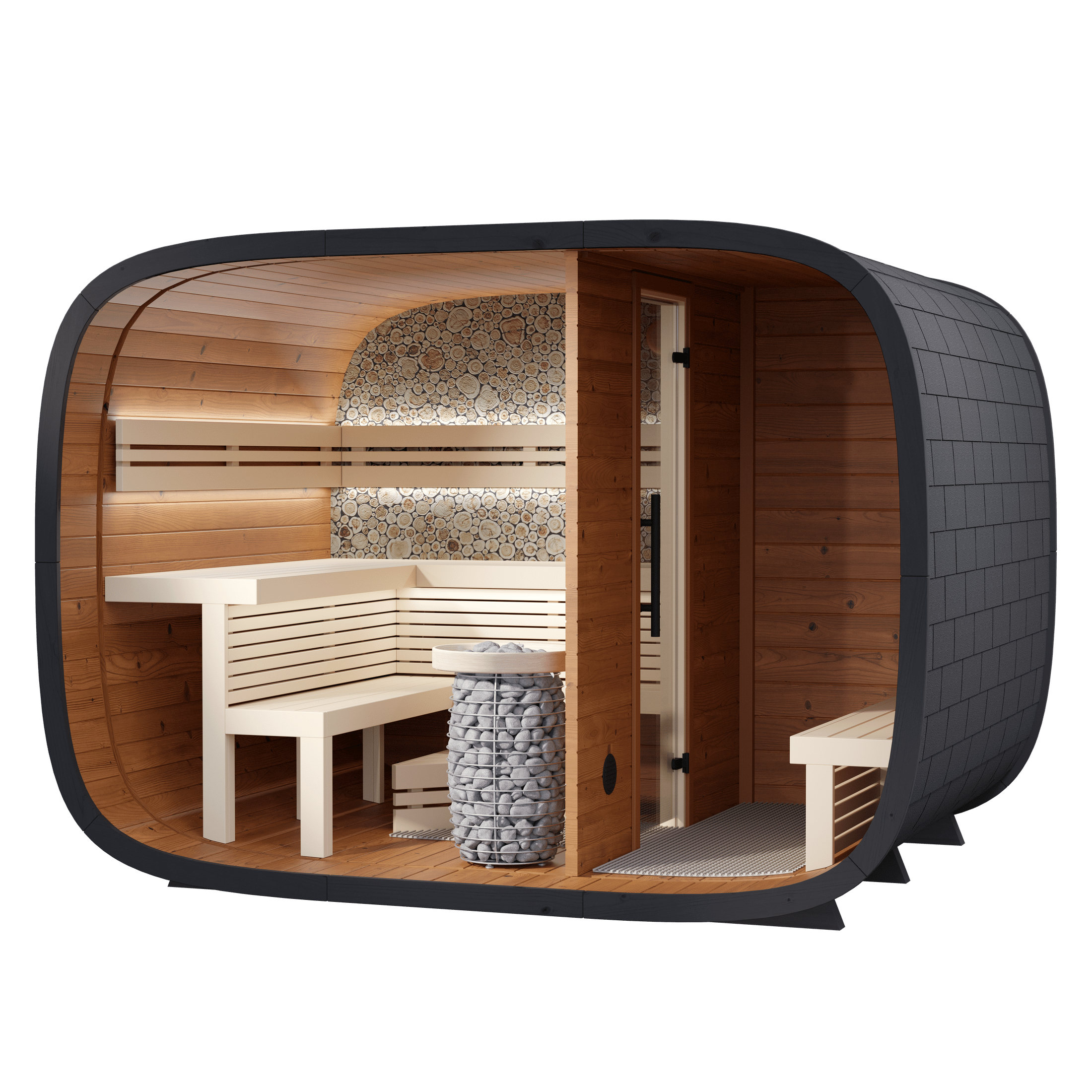 Leil Round Cube Double outdoor sauna with changing room, 5–6 person ThermoWood sauna cabin