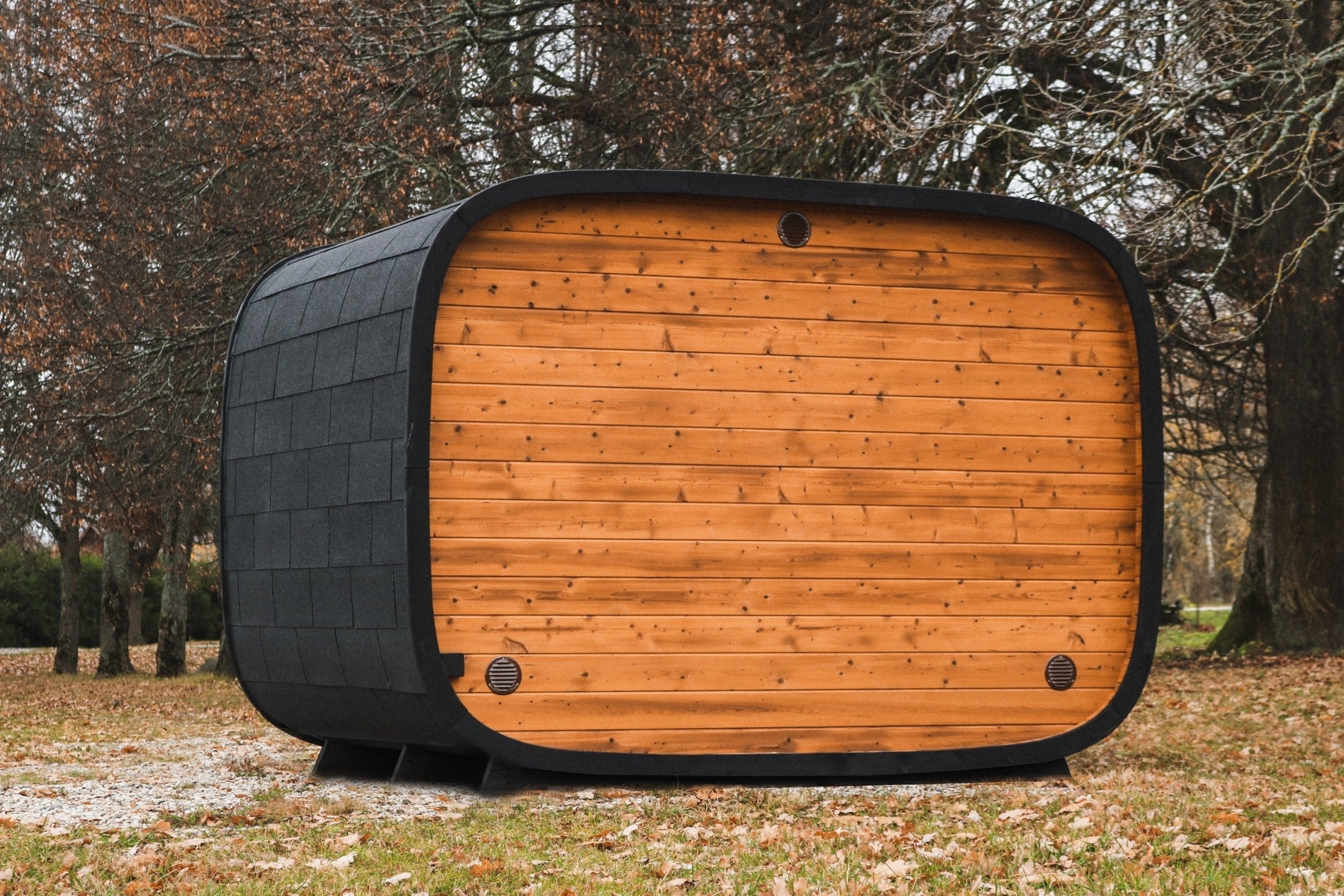 Leil Round Cube Double outdoor sauna 5–6 person ThermoWood with changing room, handcrafted Estonian premium backyard sauna cabin