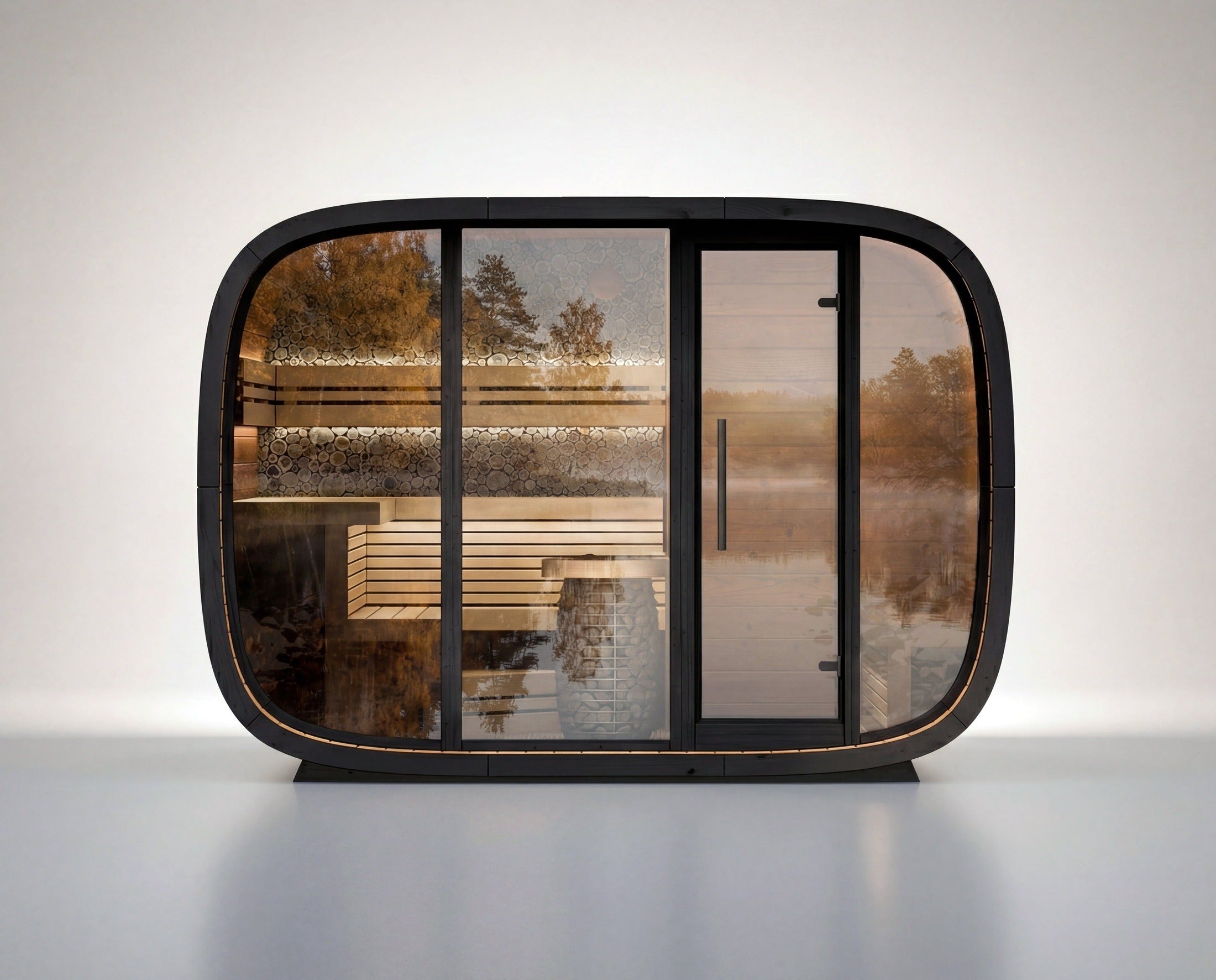 Leil Round Cube Double ThermoWood Outdoor Sauna with Changing Room, 5–6 Person premium handcrafted Estonian sauna, award-winning Red Dot 2024 modern backyard wellness cabin