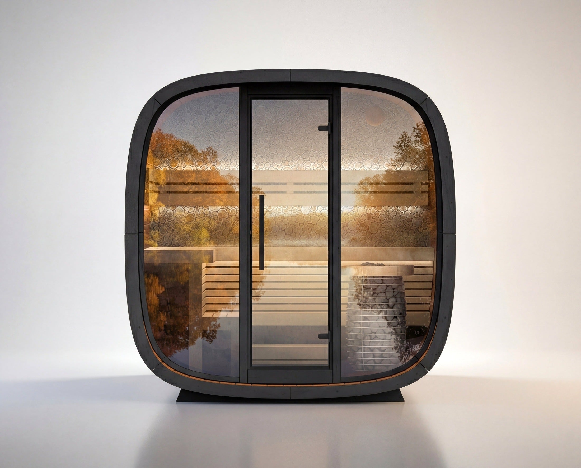 Leil Mini Outdoor Round Cube Sauna for 4–5 People, Compact Backyard Nordic Sauna with Modern Curved Design and Luxury Finish