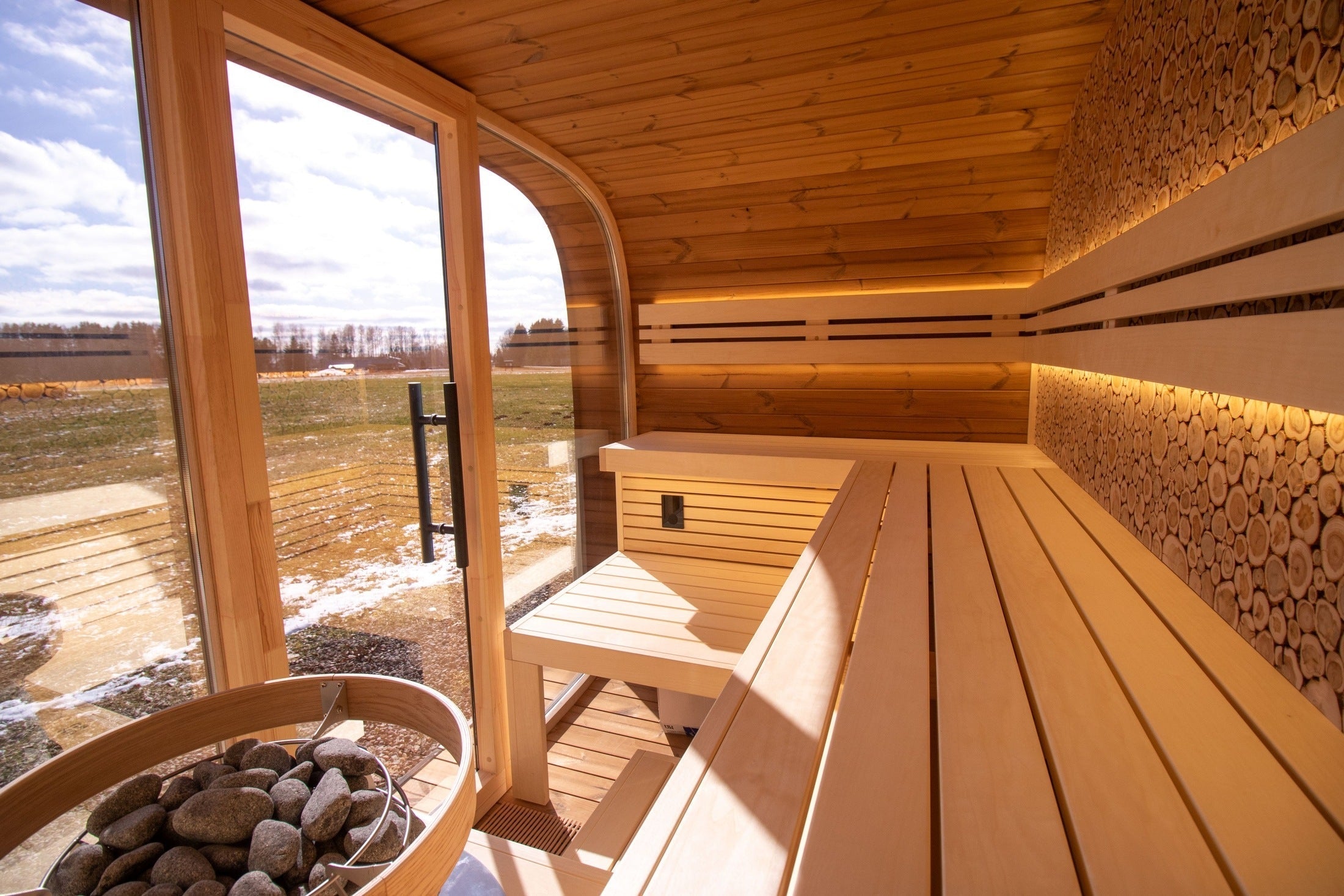 Outdoor 6 person sauna cube by Leil Relax ThermoWood garden sauna with spacious U-shaped seating design for home wellness