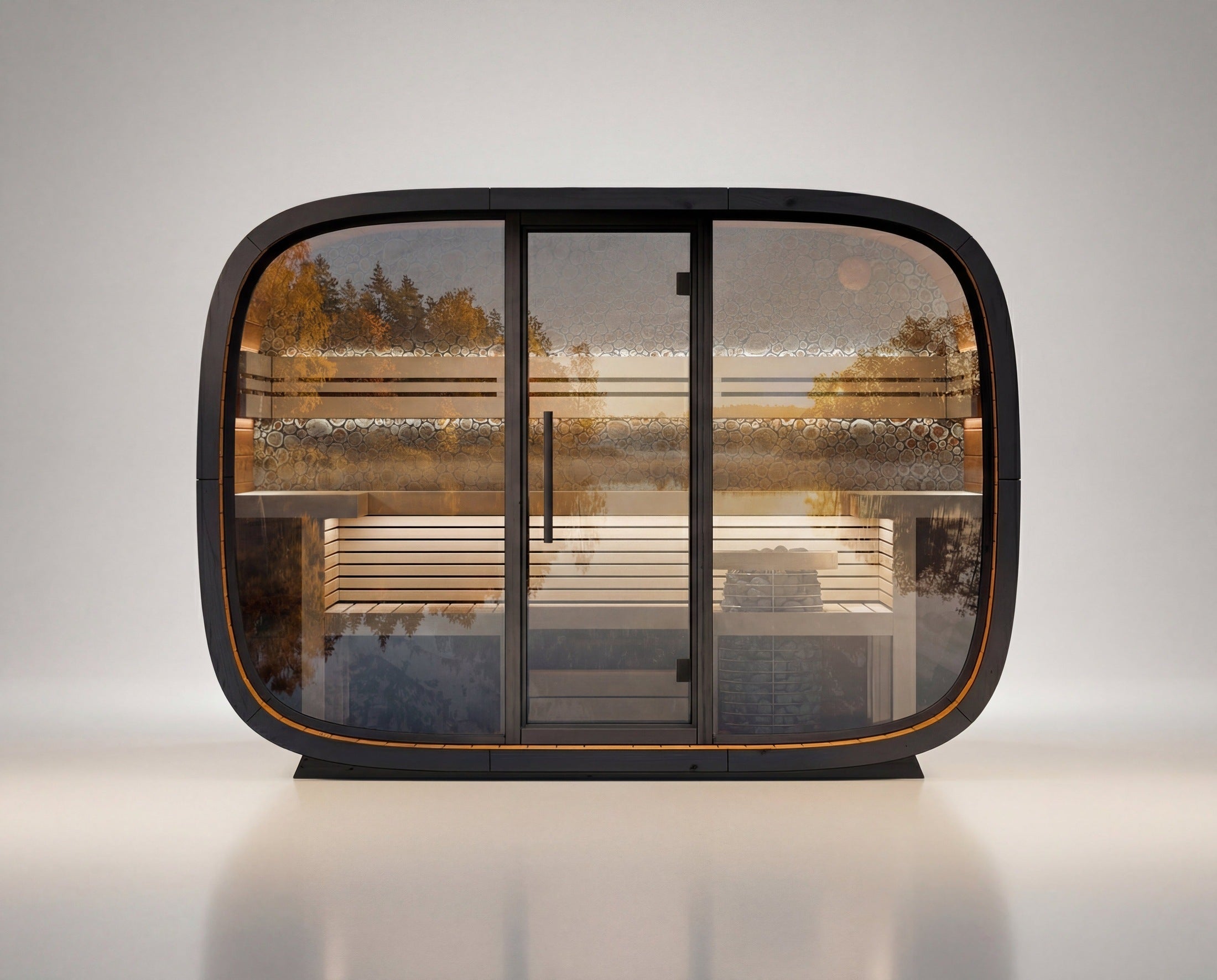 6 Person Outdoor Round Cube Sauna Leil Relax ThermoWood Garden Sauna with U-shaped benches for sitting and reclining, spacious backyard wellness sauna cabin