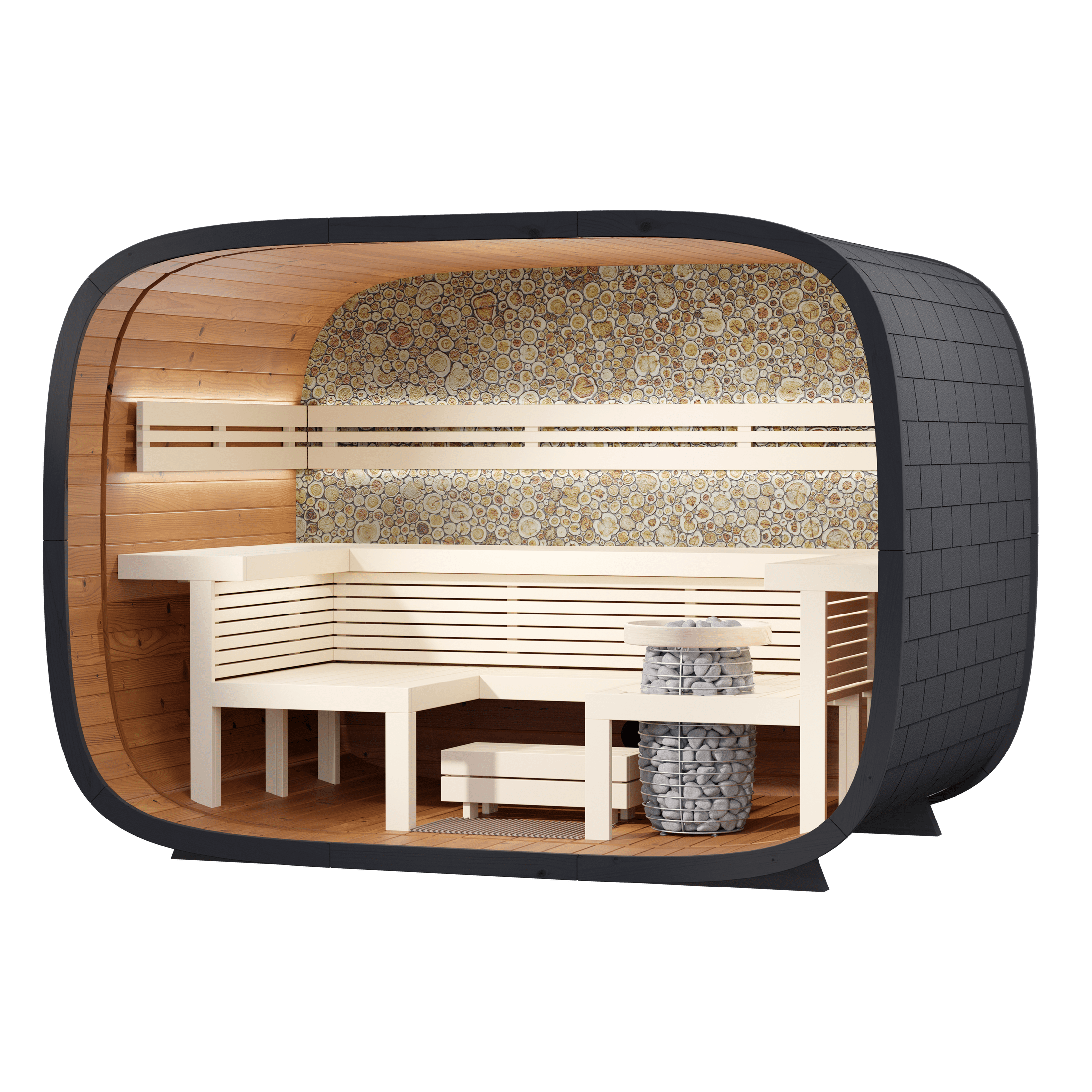 Spacious 6 person outdoor round cube sauna cabin by Leil Relax, ThermoWood garden sauna designed for deep relaxation with ergonomic U-shaped benches