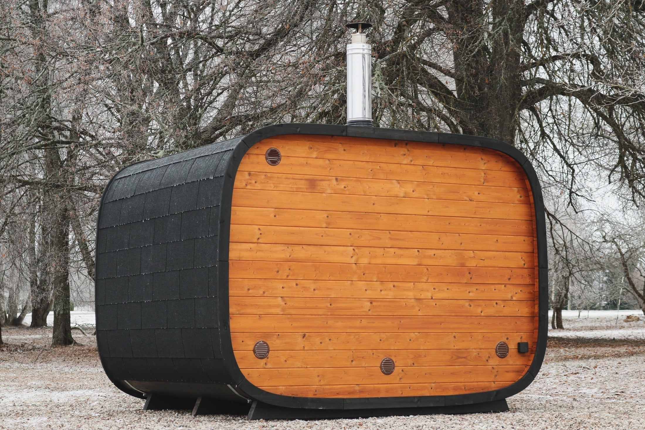 Leil Round Cube outdoor sauna cabin for 6-8 people, premium ThermoWood® build, Scandinavian backyard spa sauna handcrafted in Estonia