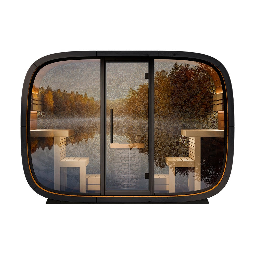 6-8 person outdoor sauna Leil Round Cube ThermoWood® cabin, premium Nordic design backyard sauna handcrafted in Estonia for luxury wellness