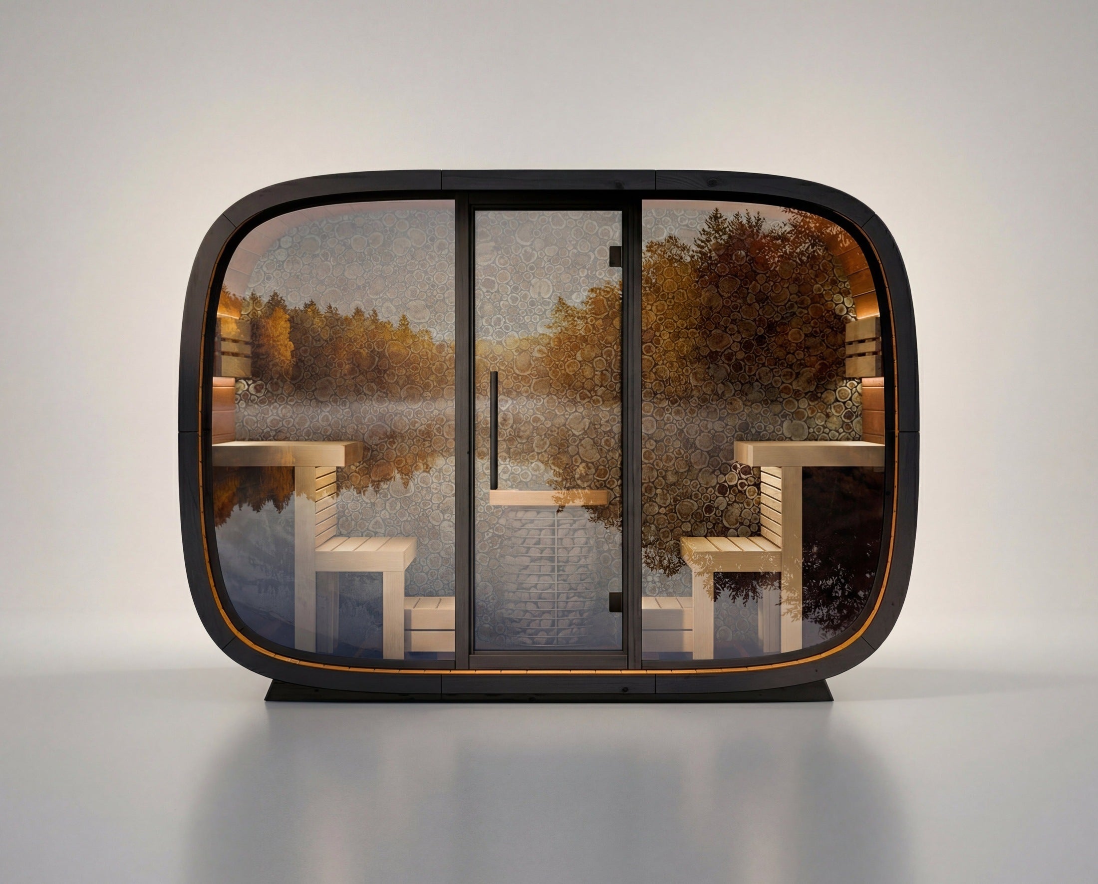 Leil Round Cube 6-8 person outdoor sauna made from ThermoWood®, modern Nordic backyard sauna handcrafted in Estonia with award-winning design