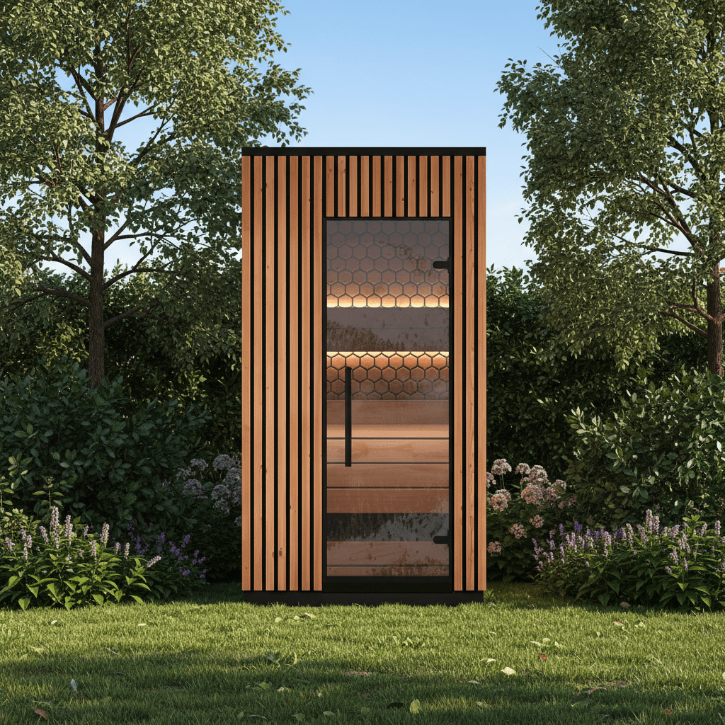 1-person Leil Viva 120 outdoor sauna kit, durable ThermoWood backyard sauna with modern Scandinavian design for personal wellness and relaxation