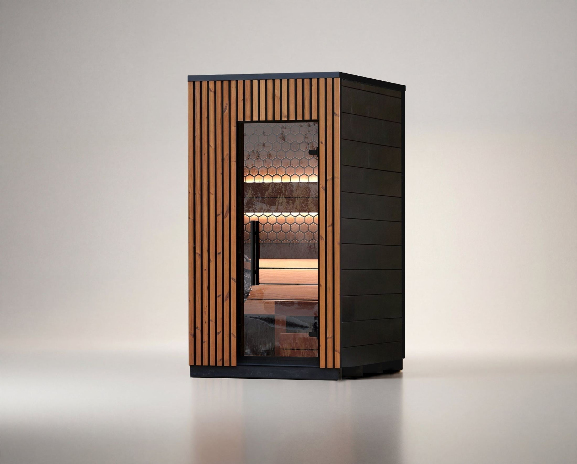 Viva 120 single person outdoor sauna cabin, ThermoWood construction with minimalist Scandinavian design, compact backyard sauna for home spa relaxation