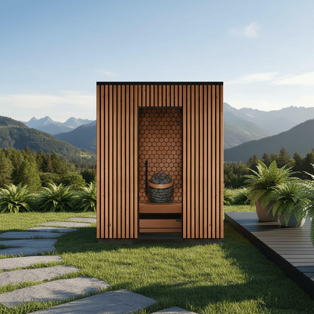 Leil Viva 180 4-person backyard sauna cabin made from ThermoWood with thermo-alder interior, premium outdoor Scandinavian home spa sauna