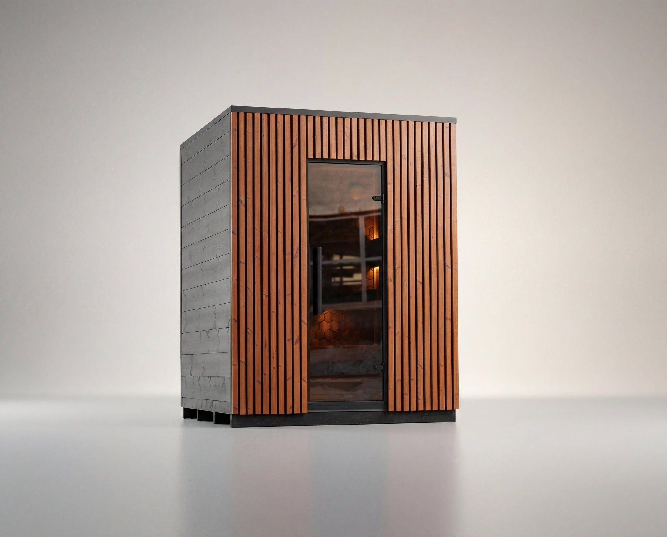 Leil Viva 180 4-person outdoor sauna made from 100% ThermoWood with thermo-alder interior, Scandinavian backyard sauna cabin with modern airflow design