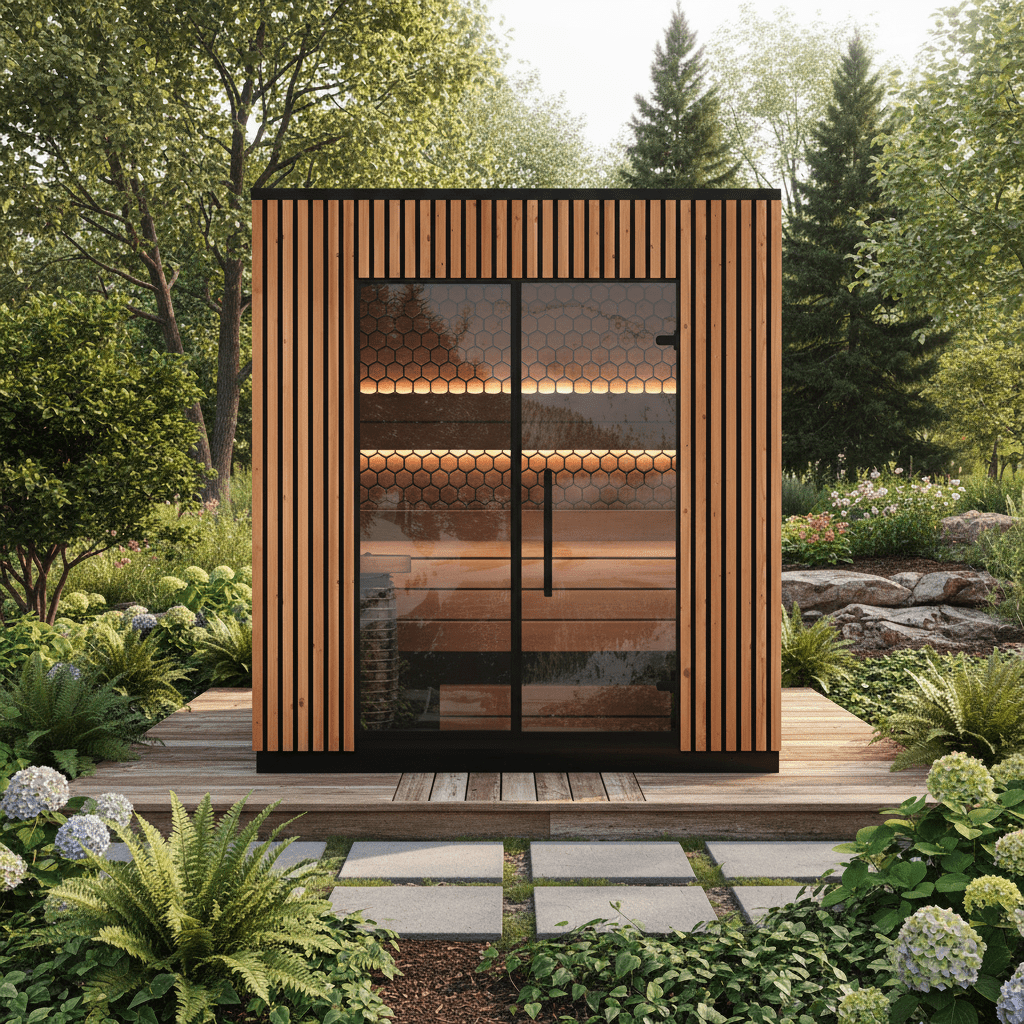 Leil Viva 210 4-person outdoor barrel sauna kit made from ThermoWood with thermo-alder interior, Scandinavian design backyard sauna with wood or electric heating system LEIL-VIVA210