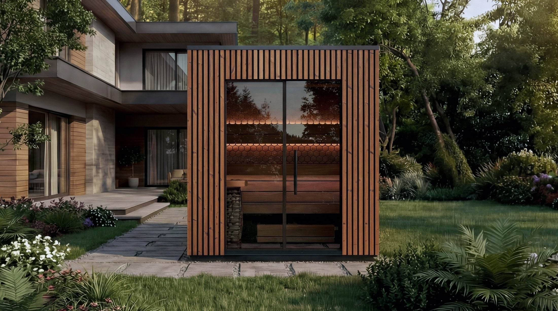4-person Leil Viva 210 outdoor barrel sauna kit, crafted from ThermoWood with smooth thermo-alder interior, luxury outdoor home sauna with wood-fired or electric heater option