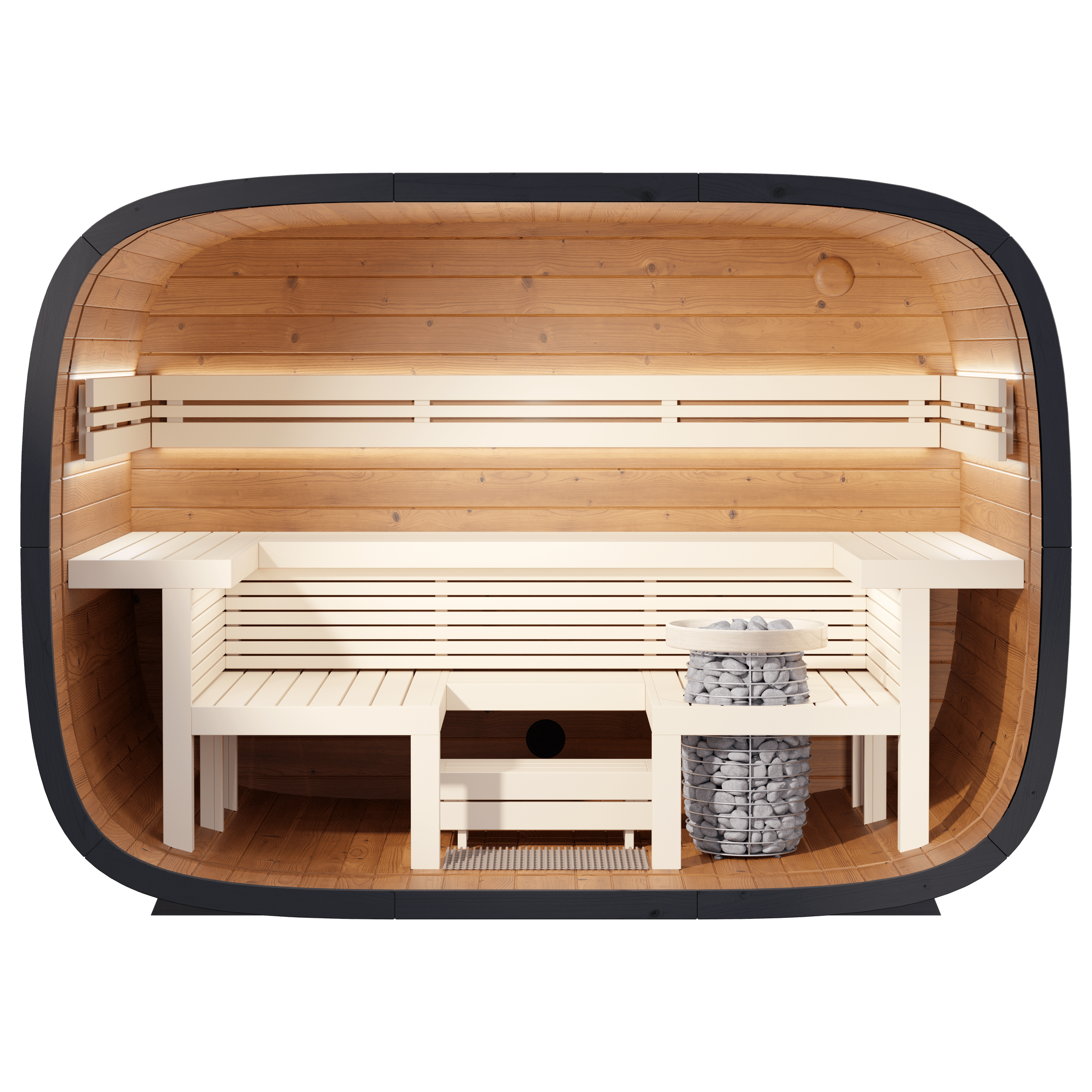 Leil Relax 6 person outdoor sauna cube ThermoWood garden sauna cabin with ergonomic U-shaped benches for full reclining comfort
