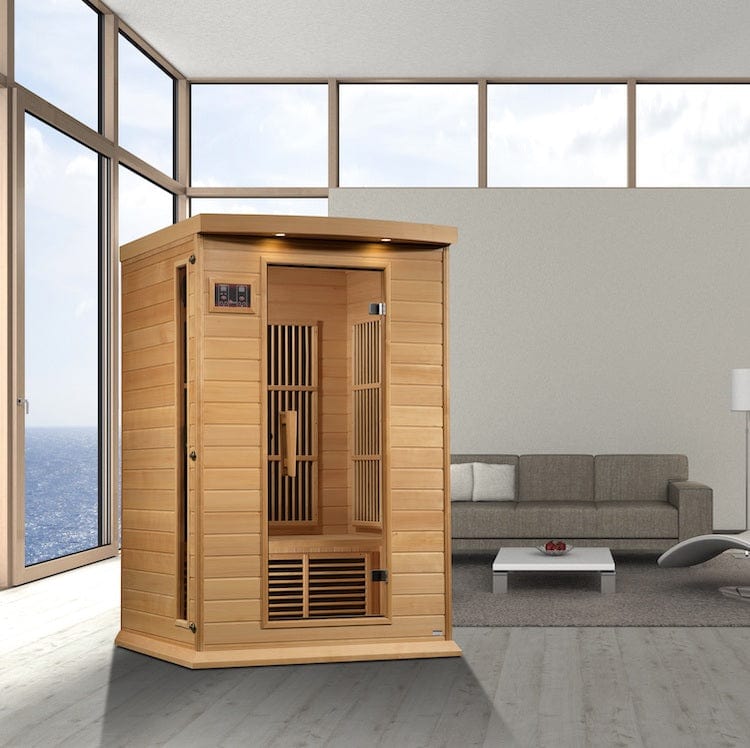 Premium Maxxus FAR Infrared Sauna for two users featuring Near Zero EMF performance, energy-efficient heating, and elegant wood craftsmanship.