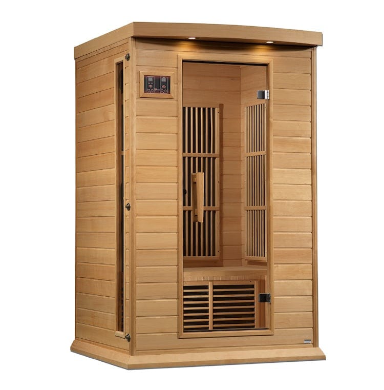 MX-K206-01-ZF Maxxus 2-Person Near Zero EMF FAR Infrared Sauna crafted from Canadian Hemlock wood with PureTech heating technology, chromotherapy lighting, and Bluetooth audio system for a premium home wellness experience.