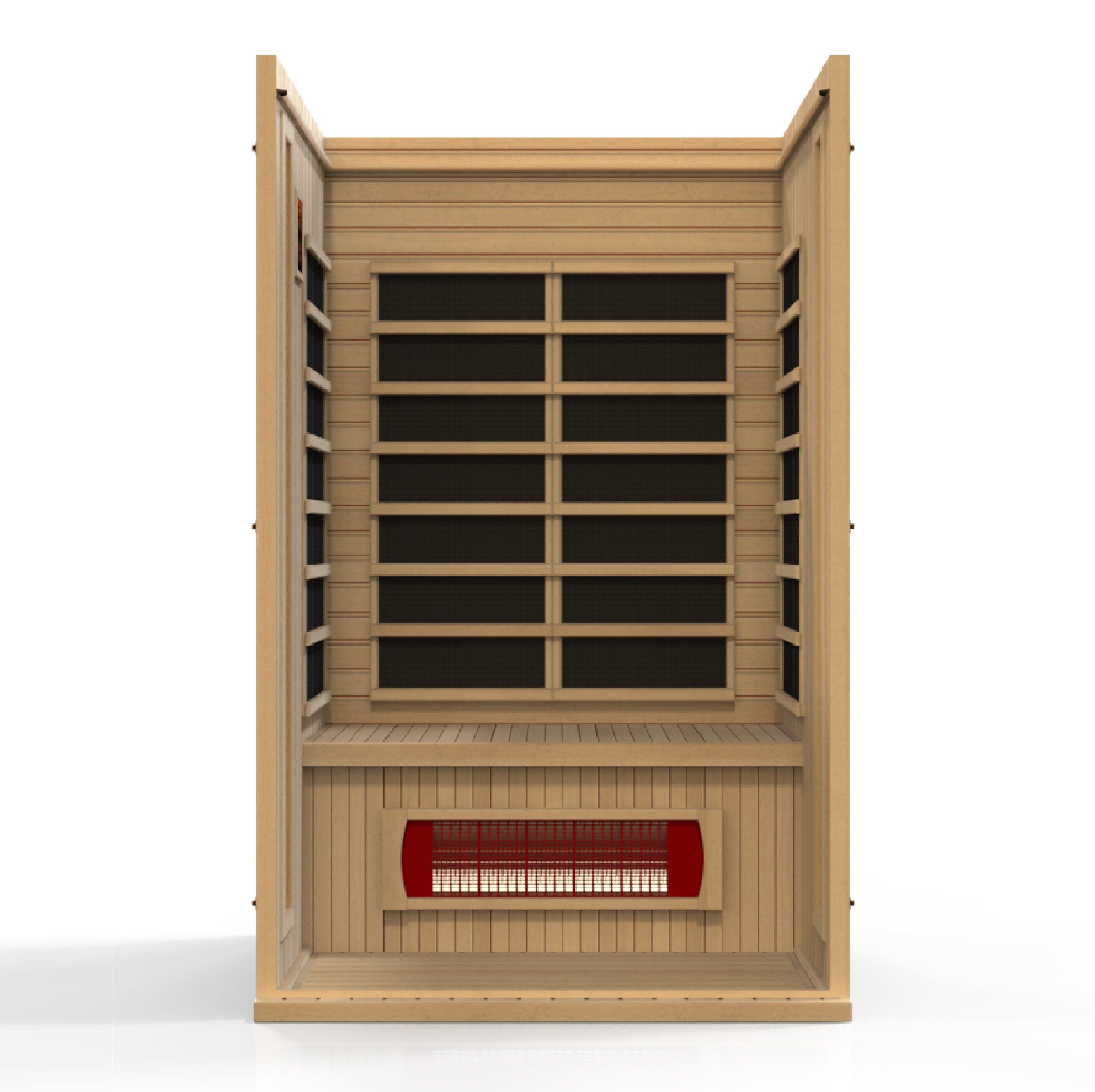 Maxxus Serenity 2-person infrared sauna with Dual Tech low EMF heating and natural Canadian Hemlock wood construction for home spa therapy