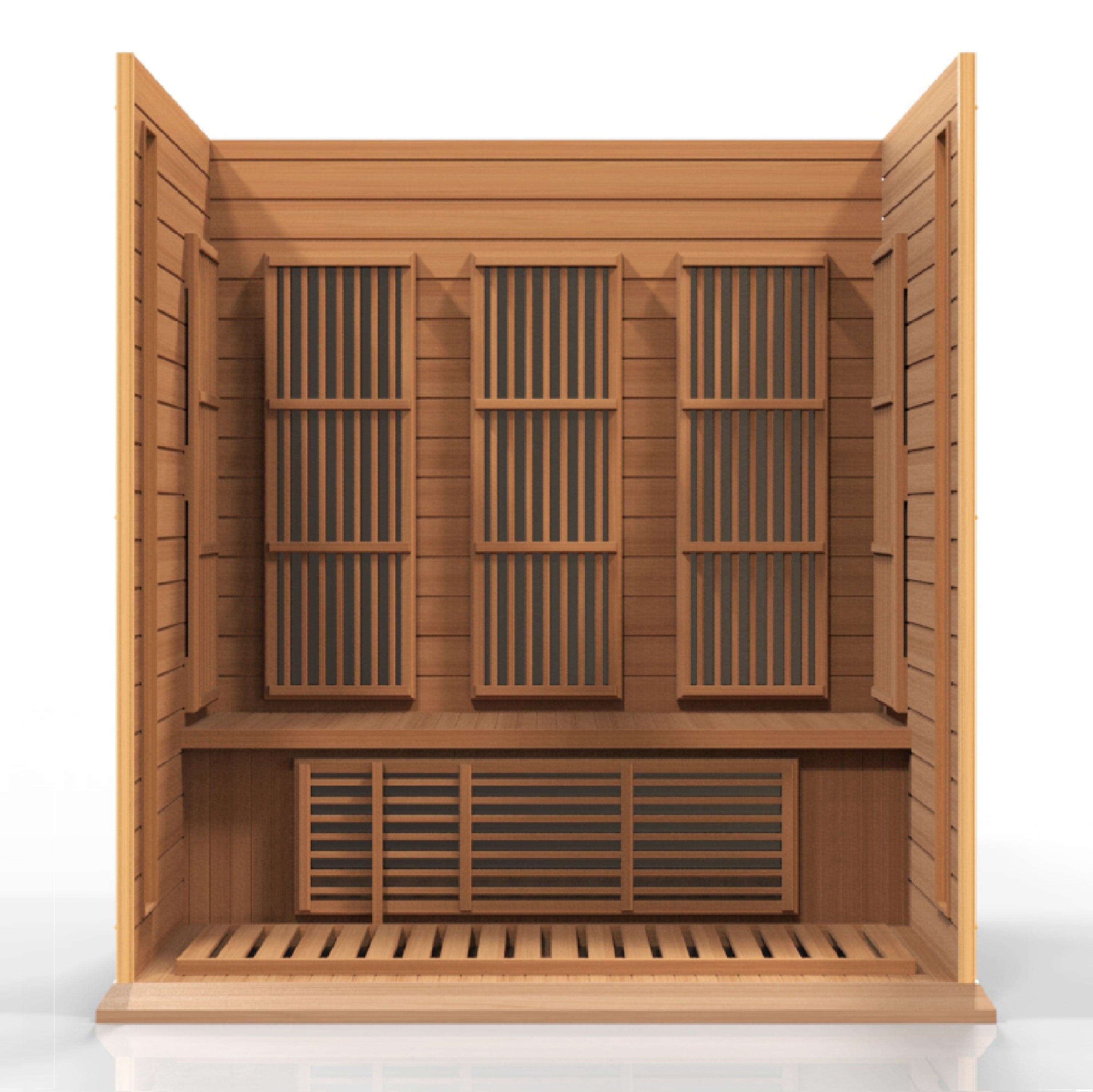 Maxxus MX-K306-01-ZF 3-person infrared sauna featuring Canadian Red Cedar construction and advanced low EMF heating for safe home wellness use.
