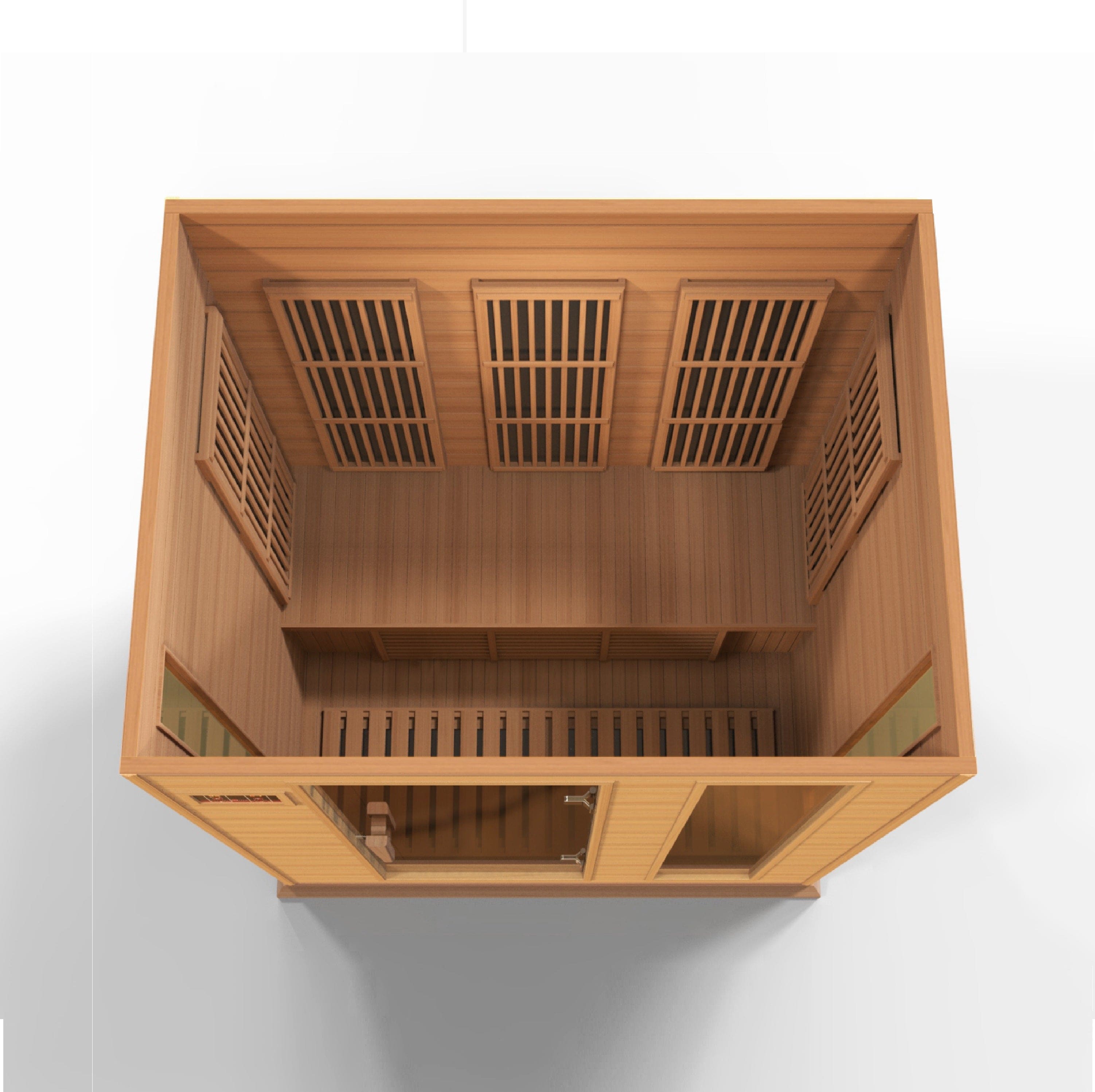 Near Zero EMF 3-person infrared sauna by Maxxus with Montilemar Edition design, offering premium Canadian Red Cedar craftsmanship and modern therapy heating.